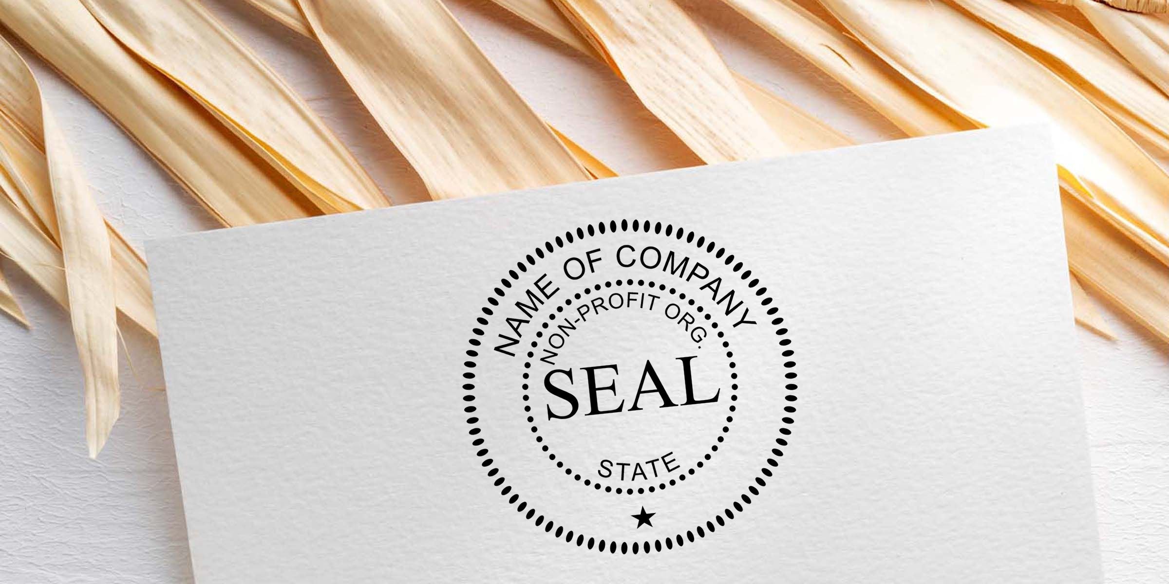 Non-profit organization seal on white paper with blank company name stamp mockup on textured woven background