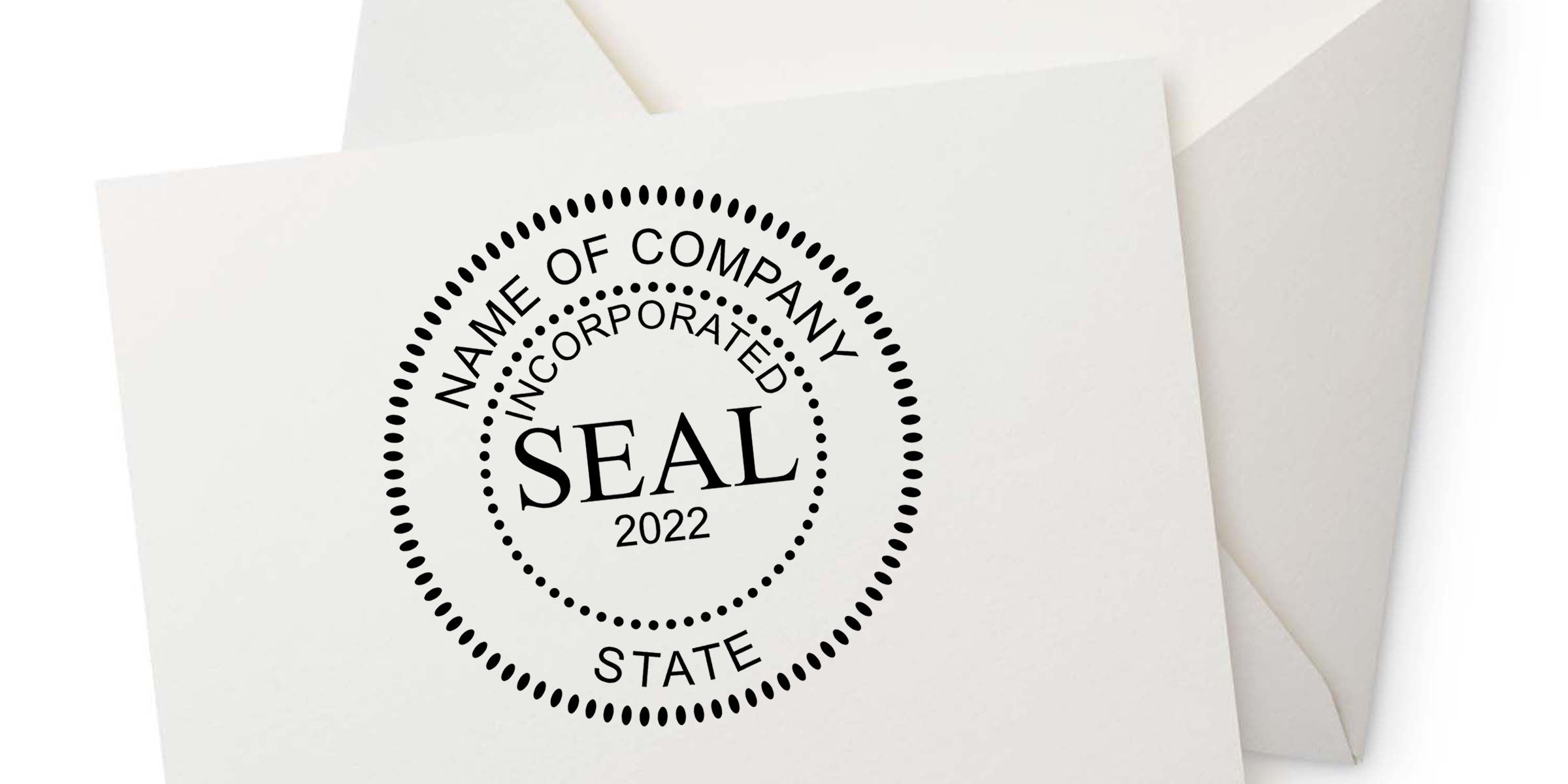 Corporate seal stamp on a white business envelope, featuring black “Name of Company Incorporated State Seal 2022” text and dotted circular logo.
