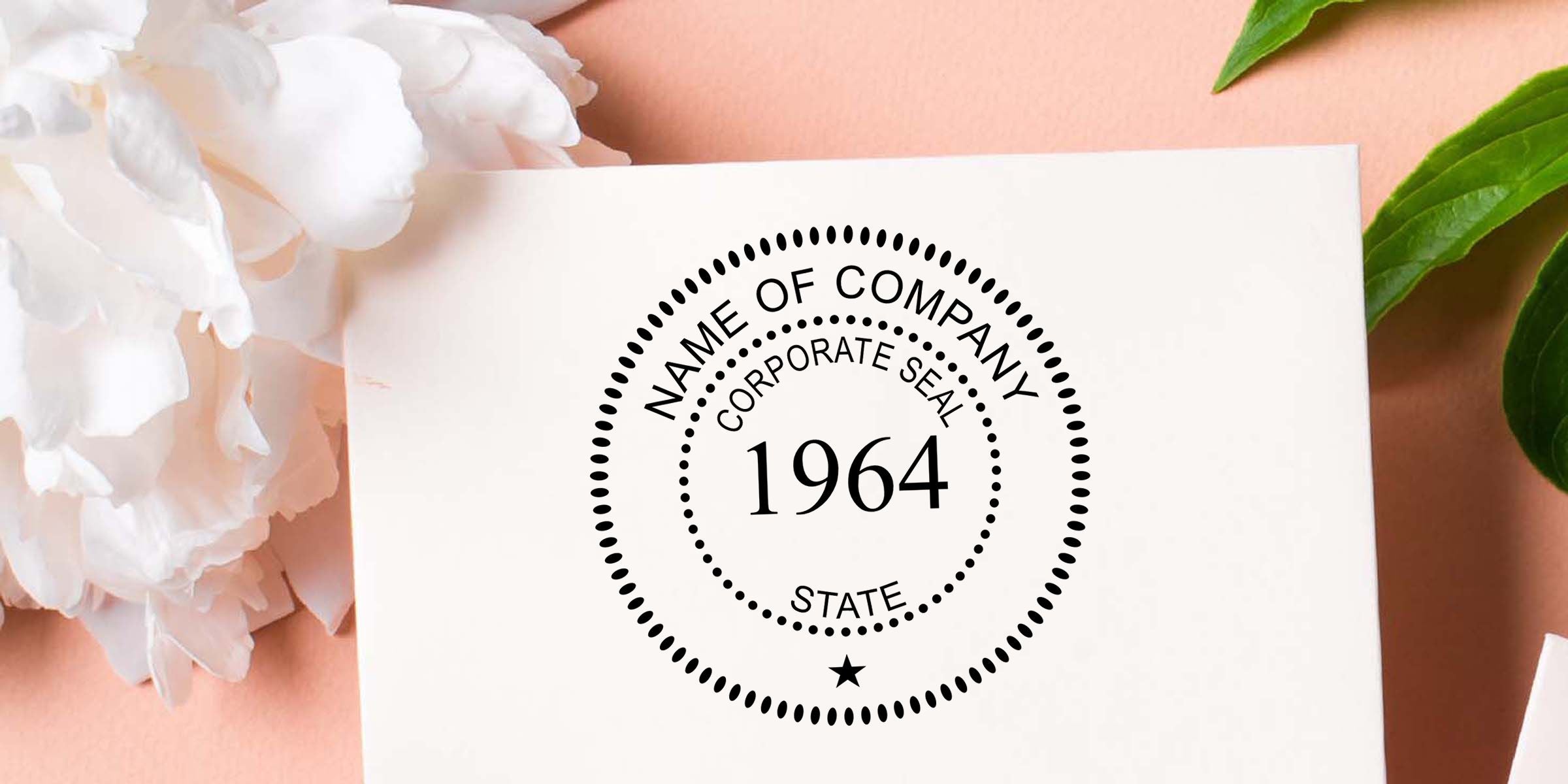 Custom corporate seal logo with 1964 text on a white envelope, styled with white flowers and green leaves on a soft pink background