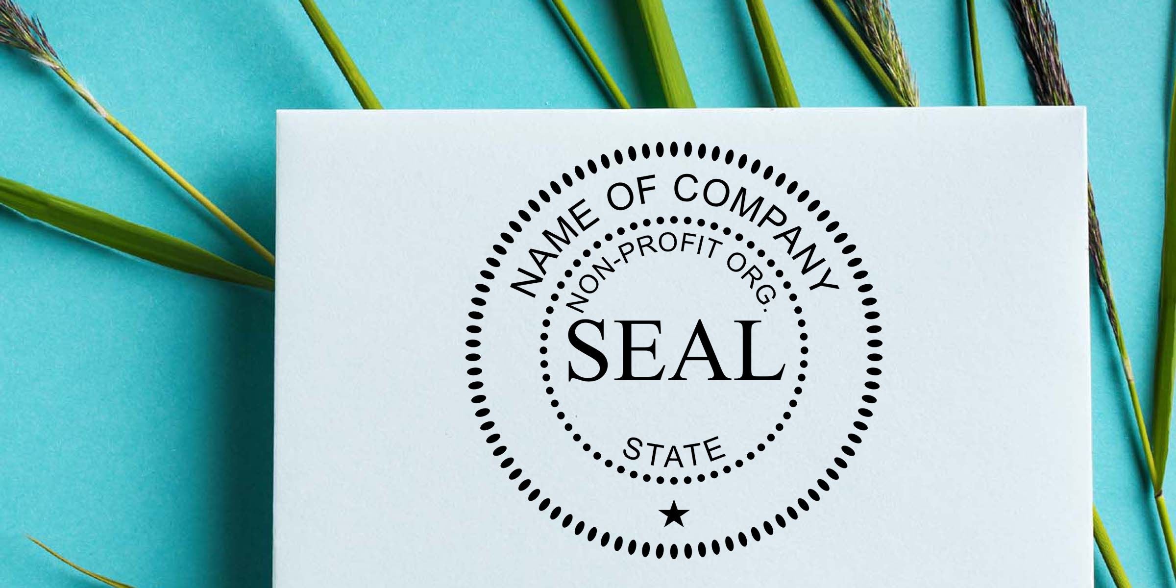 Nonprofit organization seal mockup on a white card with turquoise background and green grass blades, featuring “NAME OF COMPANY,” “NON-PROFIT ORG.,” “STATE,” and “SEAL” text.