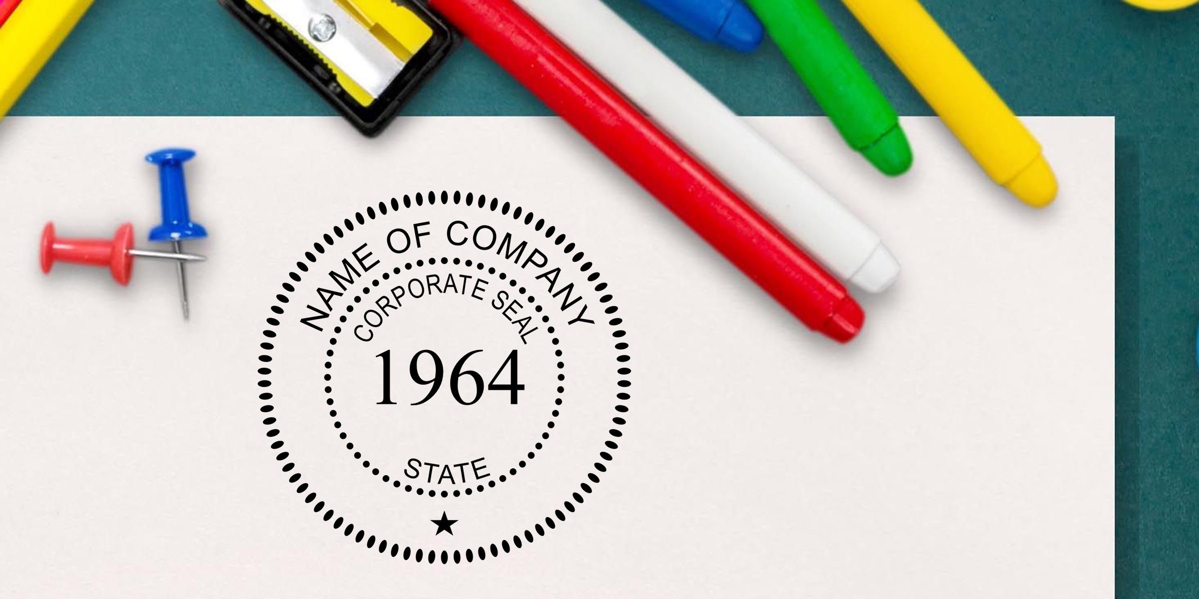 Corporate seal stamp on white paper with colorful markers and push pins, featuring the text “Name of Company,” “Corporate Seal,” and “1964” for business branding and document authentication