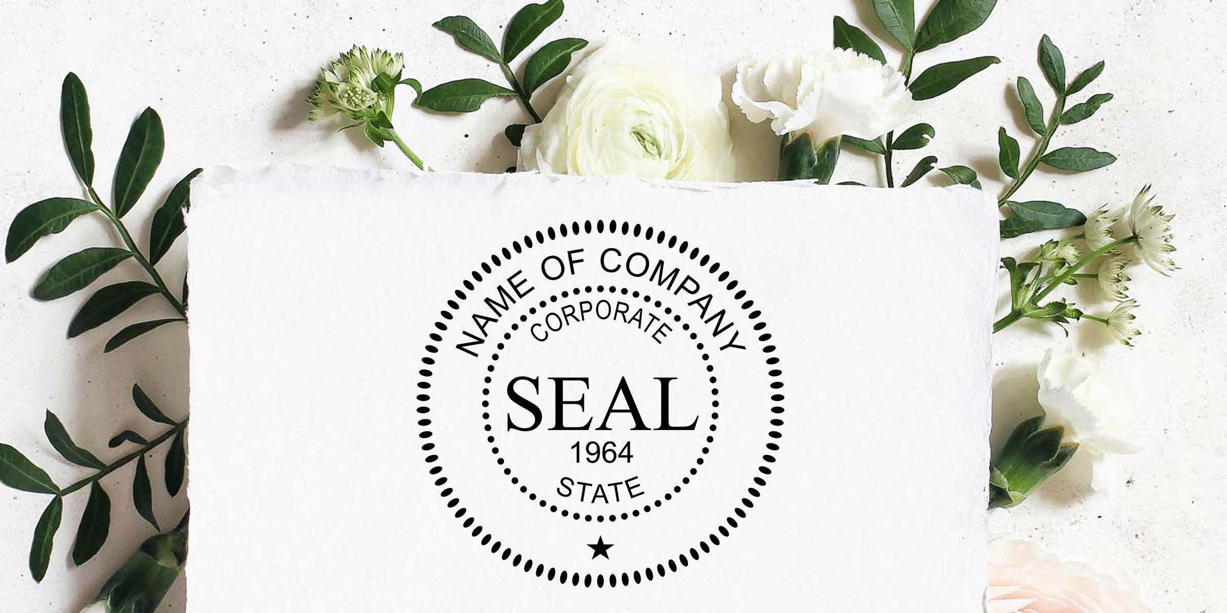 Custom corporate seal logo mockup on white textured paper with flowers and green leaves surrounding the design, featuring “Name of Company,” “Corporate Seal,” “State,” and “1964” text.