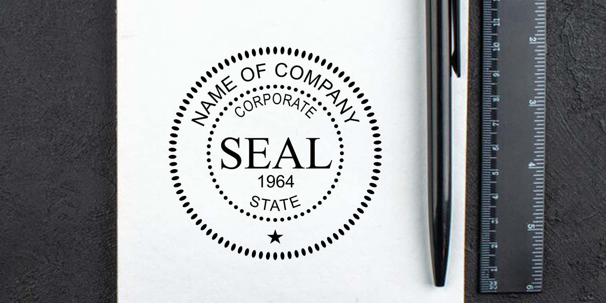 Custom corporate seal stamp design on a white notebook page with a pen and ruler on a dark desk, featuring “Name of Company,” “Corporate Seal,” and “1964” text around a circular emblem