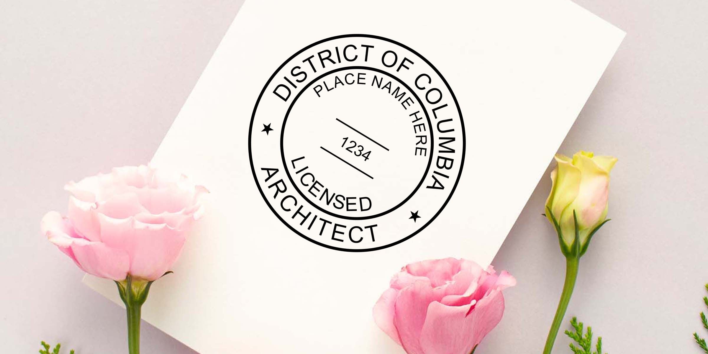 Customizable District of Columbia licensed architect seal logo mockup on white card with pink flowers and minimalist floral background