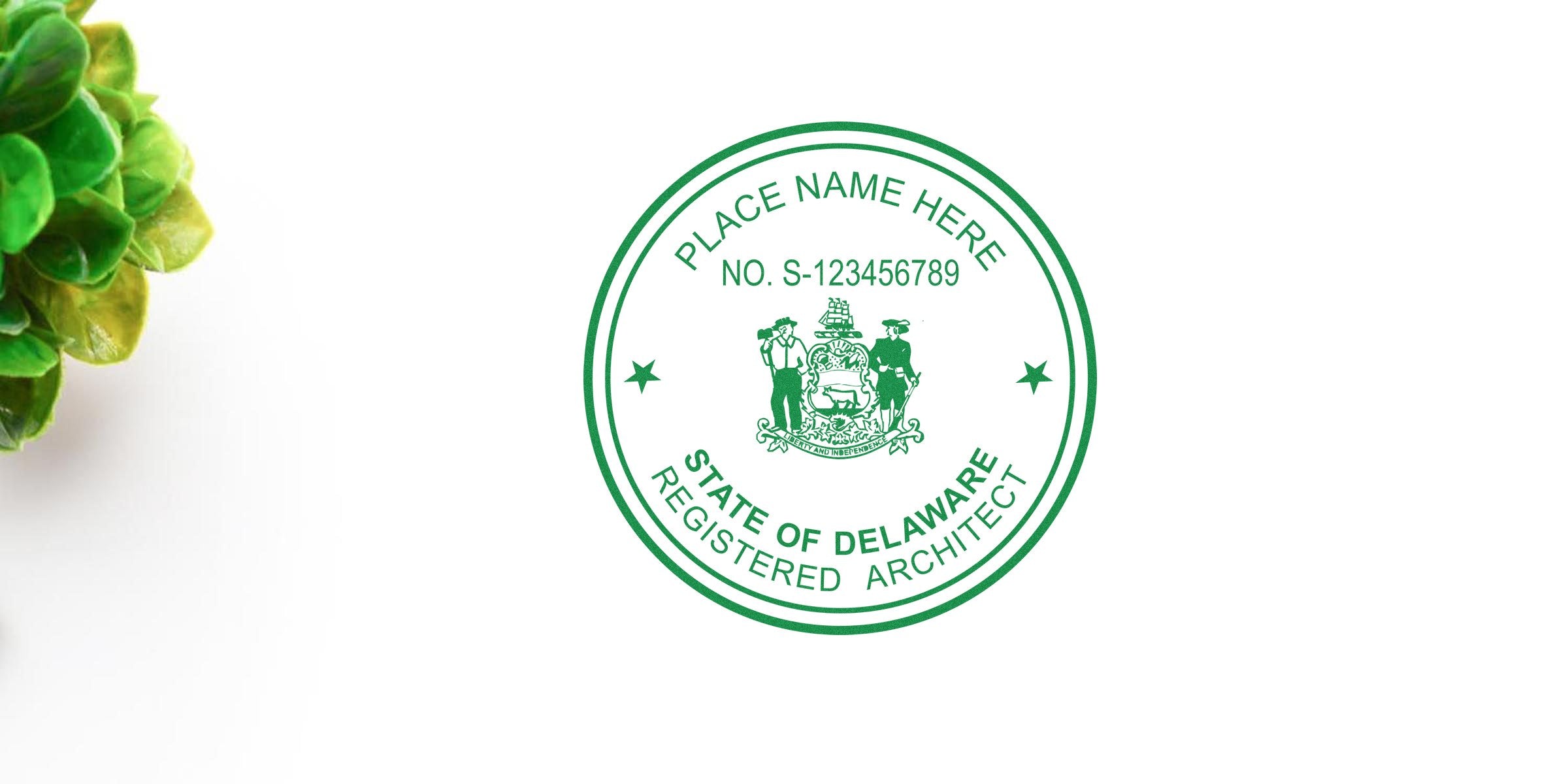 Delaware architect seal with a green emblem and text on white, symbolizing project guidelines.