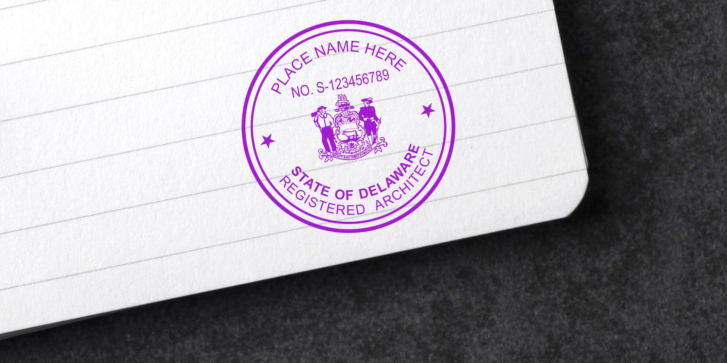 Purple Delaware architect seal embossed on the corner of white paper using an architect seal embosser.