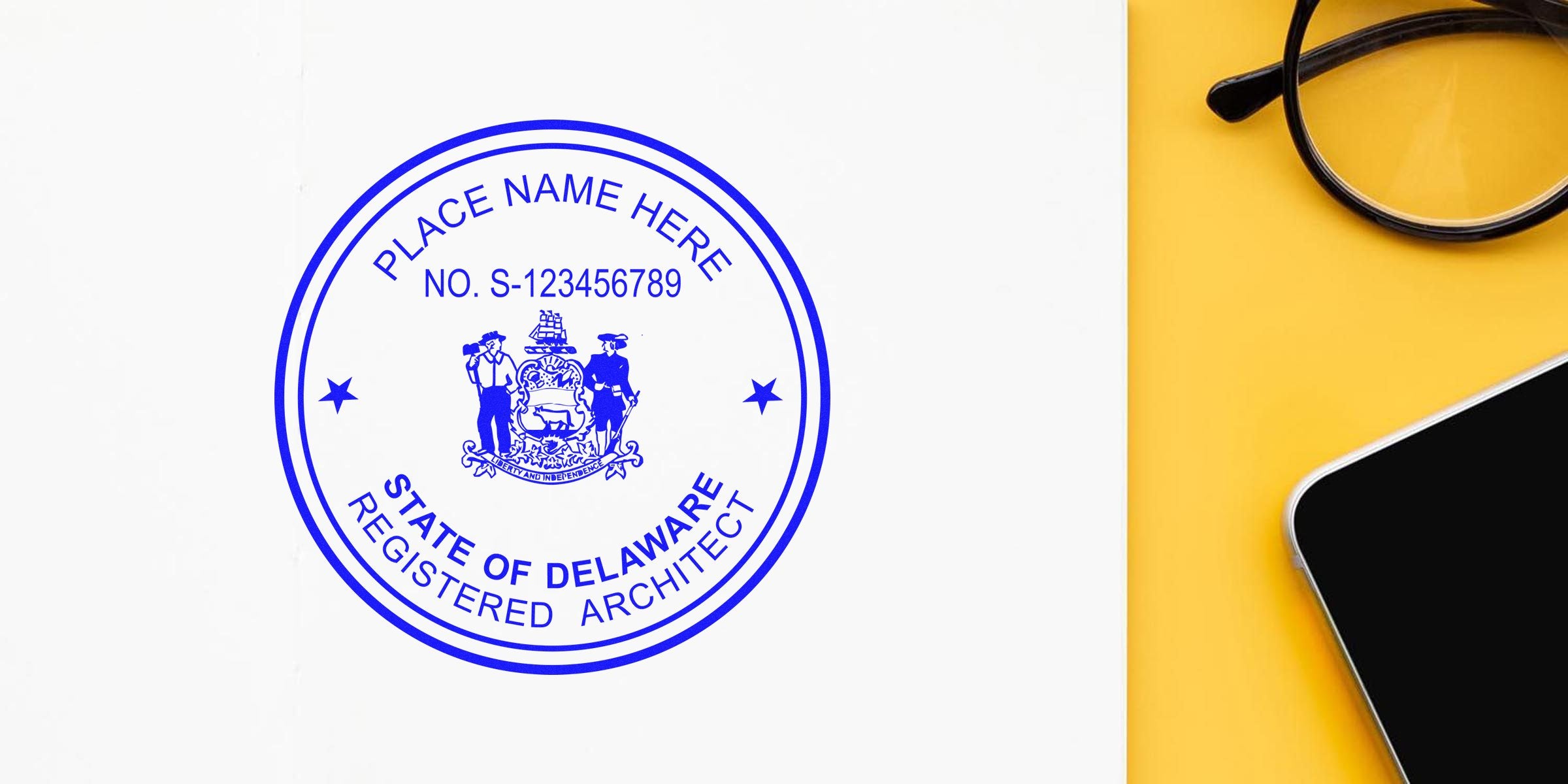 Delaware architect seal on white paper with eyeglasses and smartphone on yellow background, highlighting Delaware architect stamp laws and requirements.