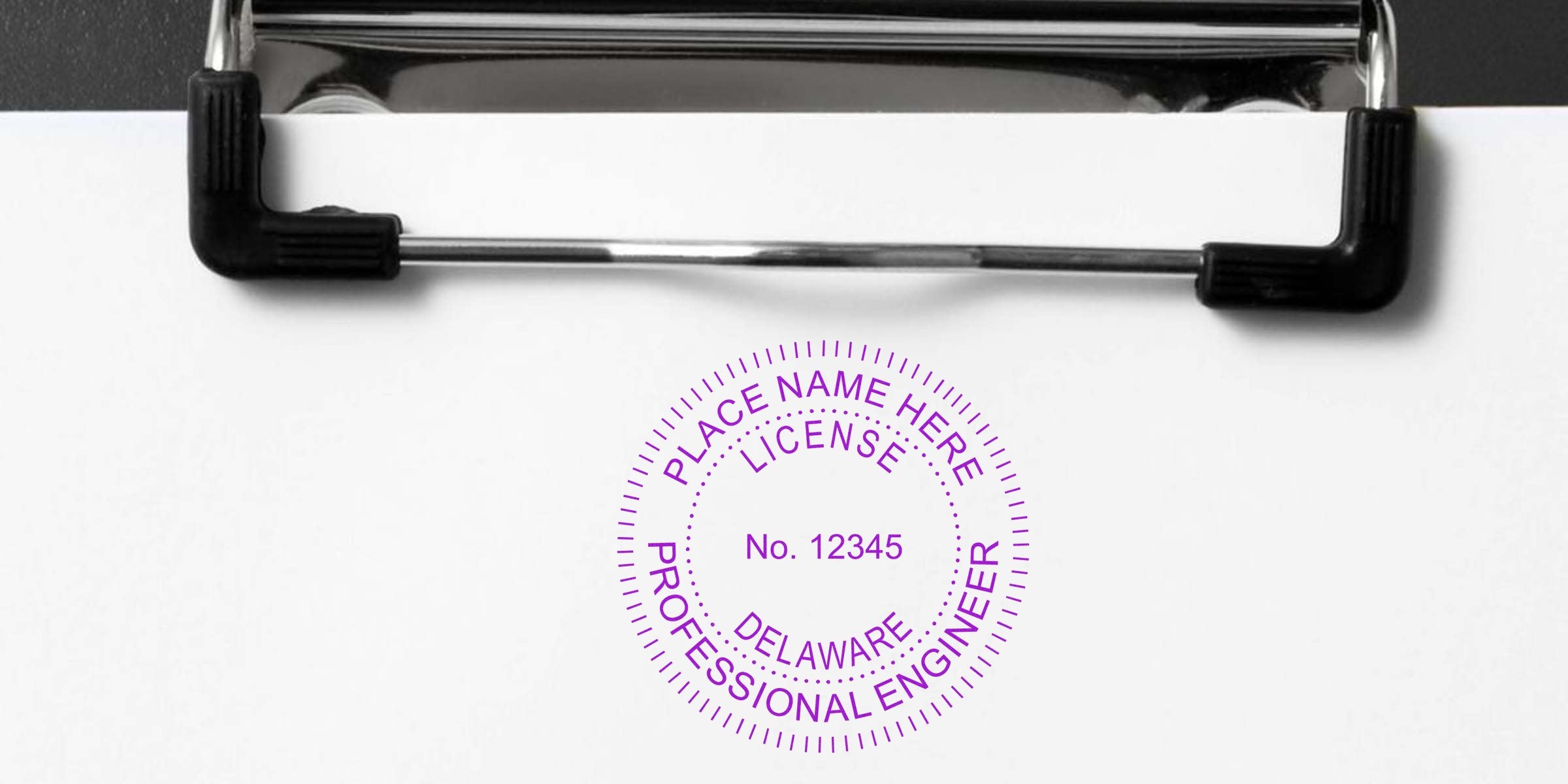 Delaware engineer seal stamp on clipboard showing location and license number, plus tips for buying an engineer seal.