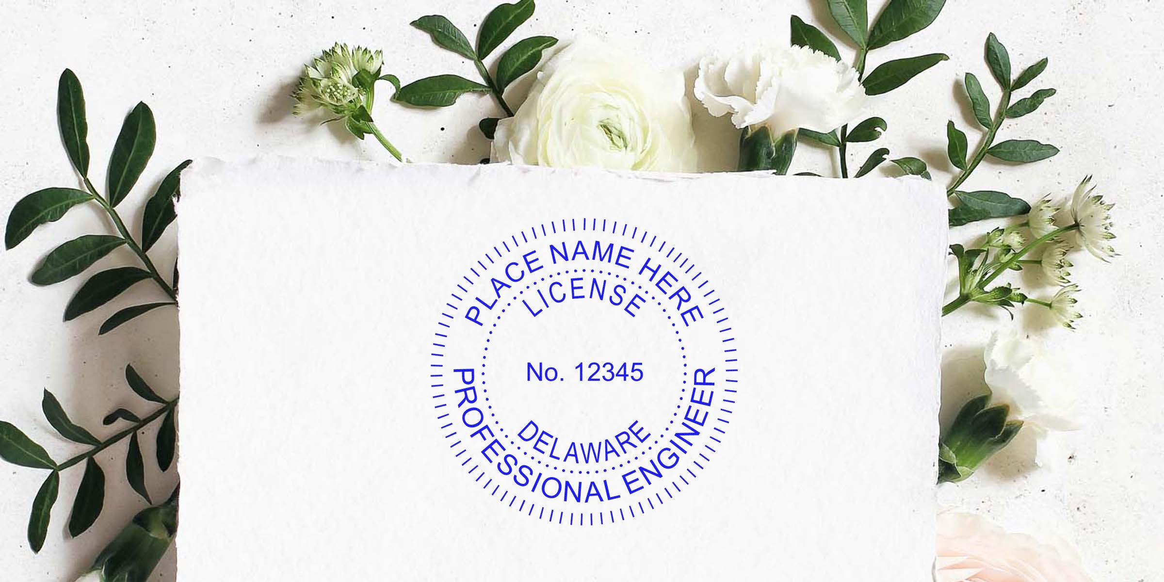 Delaware professional engineer license stamp on white paper showing Delaware engineering seal and specifications, set against a floral background.
