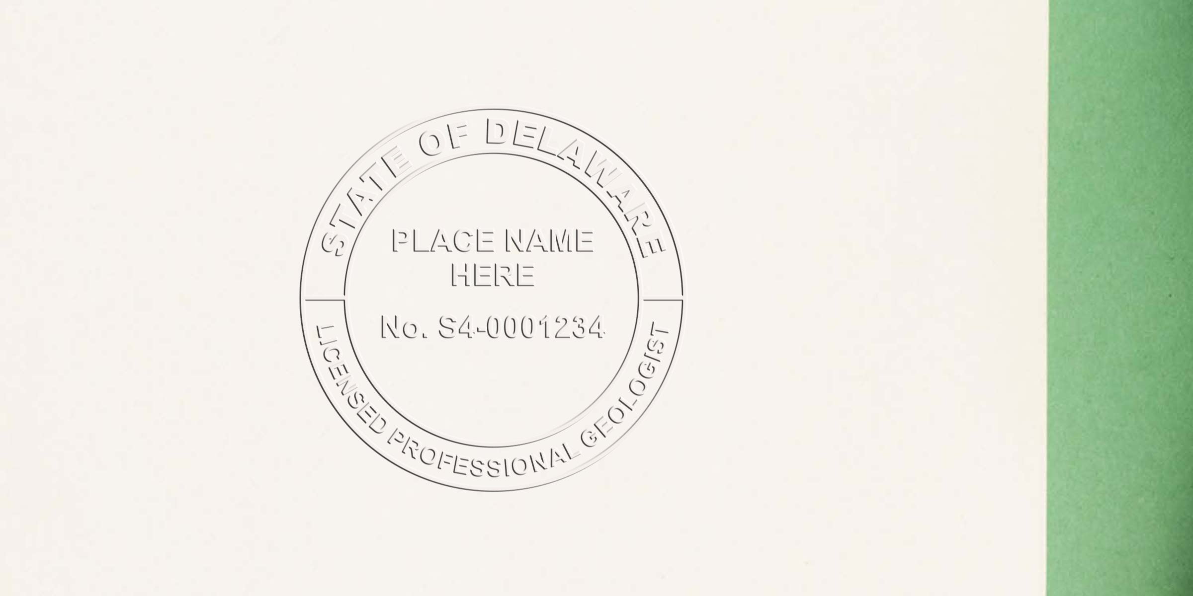 Delaware licensed professional geologist embossed seal on white paper with green edge, featuring Delaware geologist stamp and following geologist stamp guidelines.