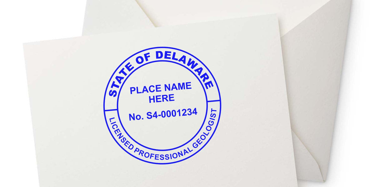 Delaware licensed professional geologist stamp on white paper with envelope, showing Delaware geologist stamp requirements and regulations.