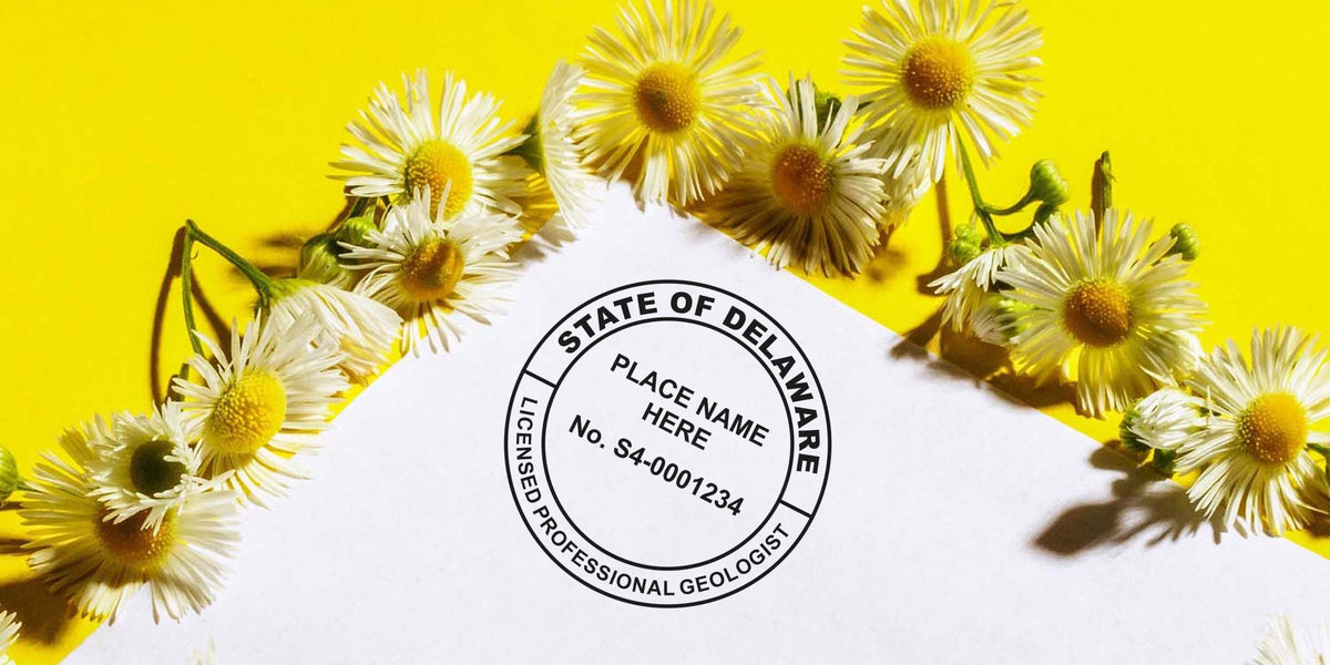 Delaware geologist seal embossed on white paper with chamomile flowers on a yellow background, made using a geologist seal embosser.