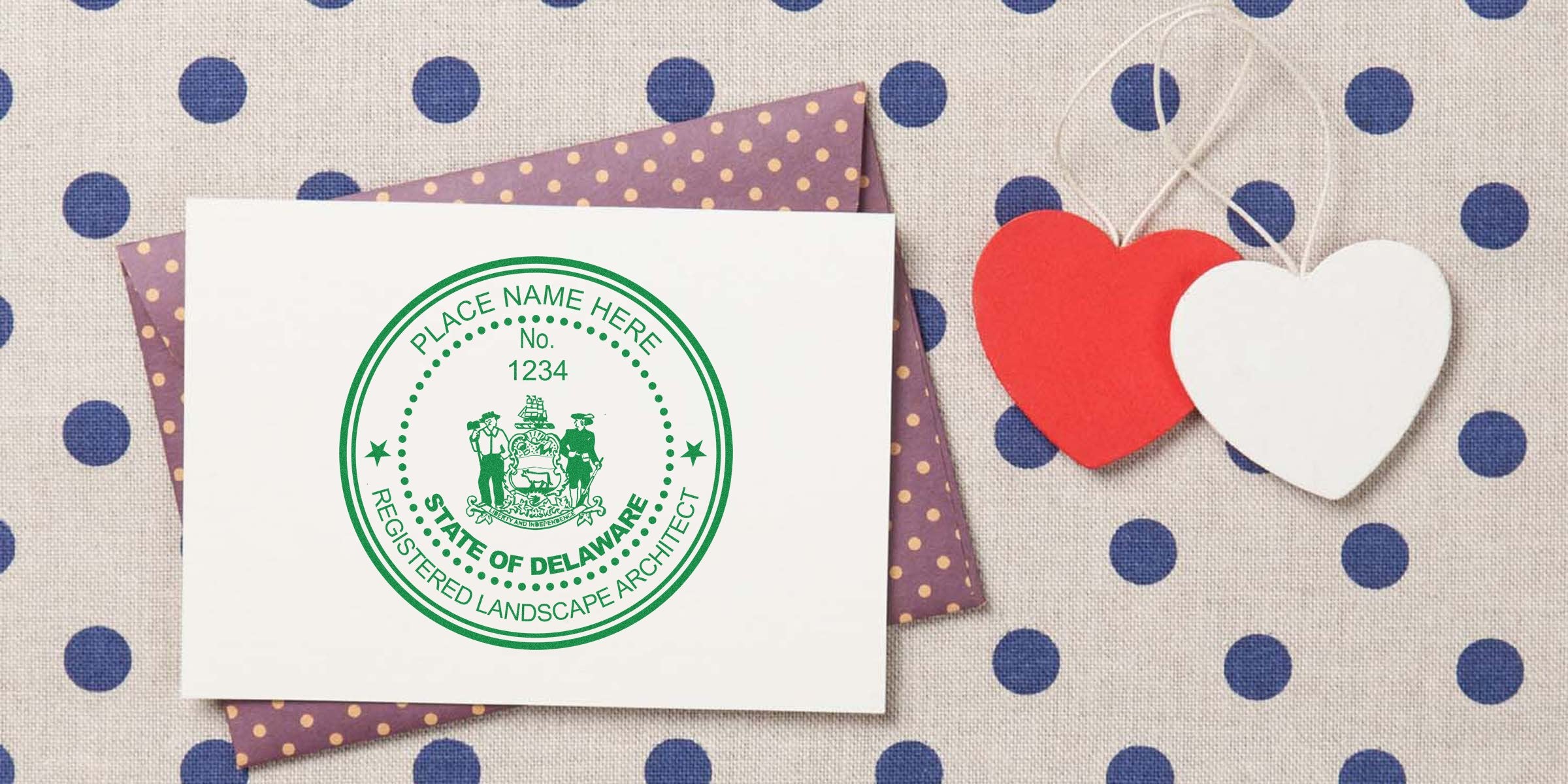 Delaware landscape architect stamp on white card with purple polka dot envelope and red-white heart decorations, showing the Delaware landscape architect stamp issuance seal.