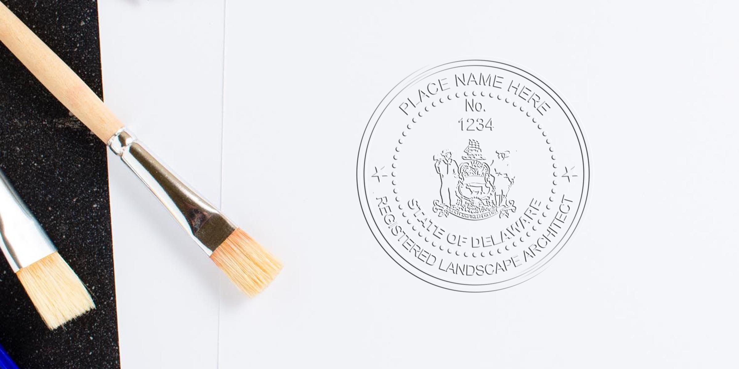 Registered landscape architect seal with paintbrushes on white paper, highlighting Delaware landscape architect fees and certification stamp costs.
