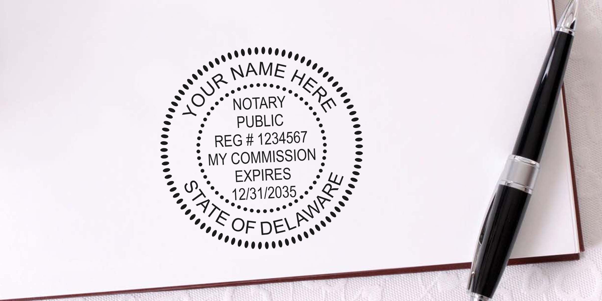 Delaware notary public stamp on white paper with black pen, showing commission expiration date, meeting Delaware notary stamp and seal requirements.