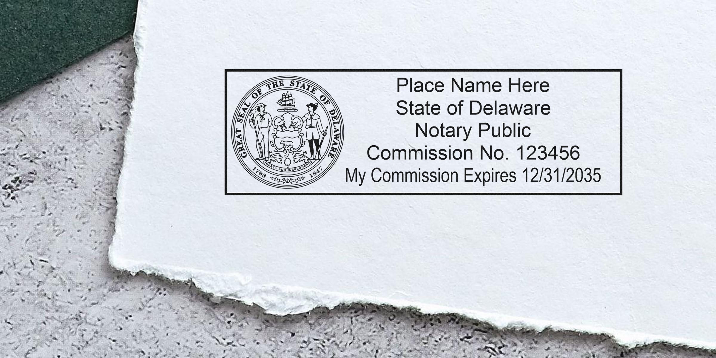 Delaware notary public commission seal on torn white paper with expiration date, highlighting Delaware notary stamp law and regulations.