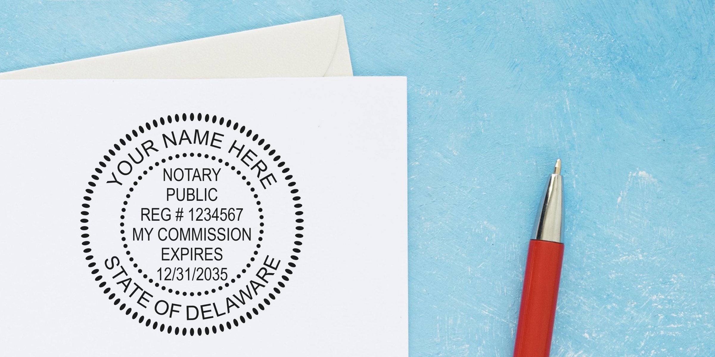 Delaware notary public stamp on white paper with red pen, surrounded by notary kit supplies, set on a blue textured background.