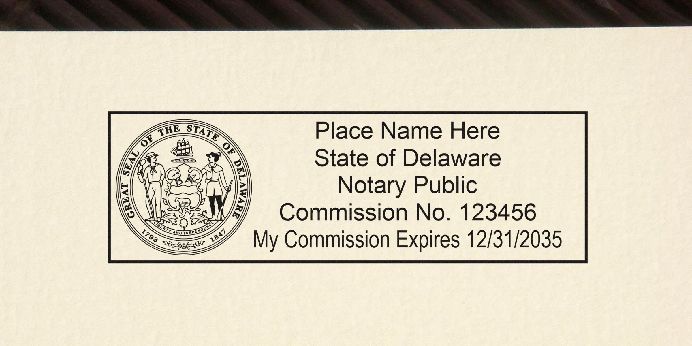 Delaware notary seal with state emblem and commission expiration date, perfect for purchasing a Delaware notary seal.