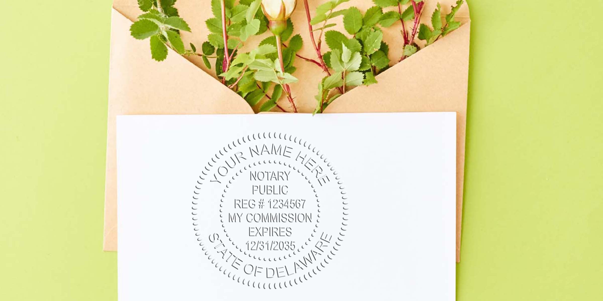 Delaware notary stamp and official seal on white paper, with green leaves and a brown envelope, showing the Delaware notary commission certification.