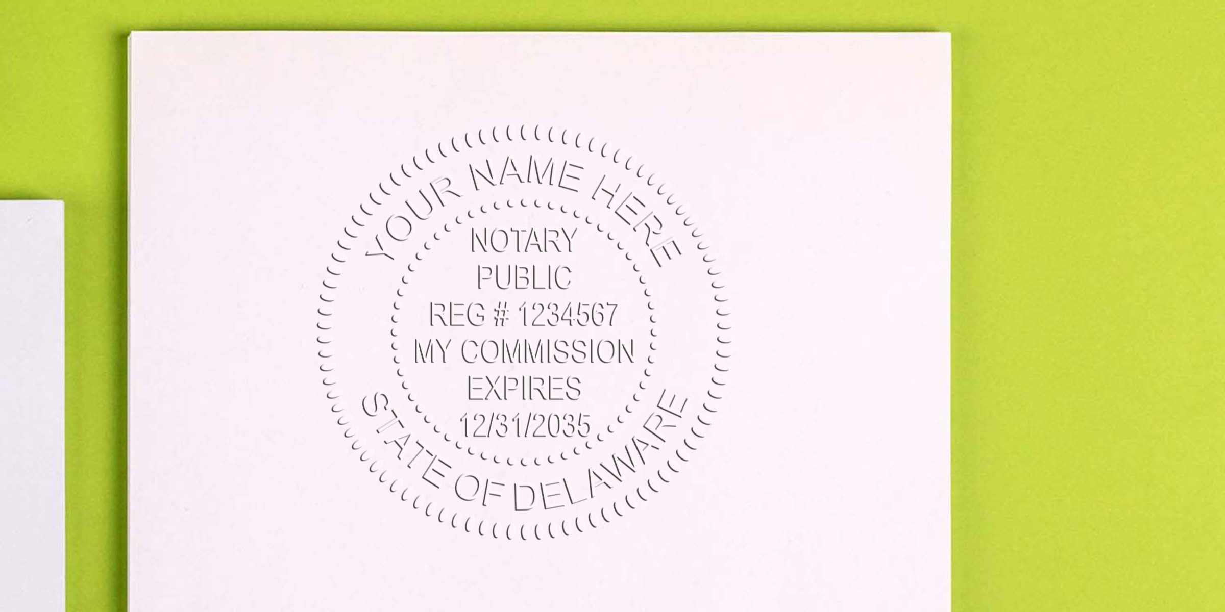 Delaware notary seal embossed on white paper with commission expiration date and registration number, available for purchase online.