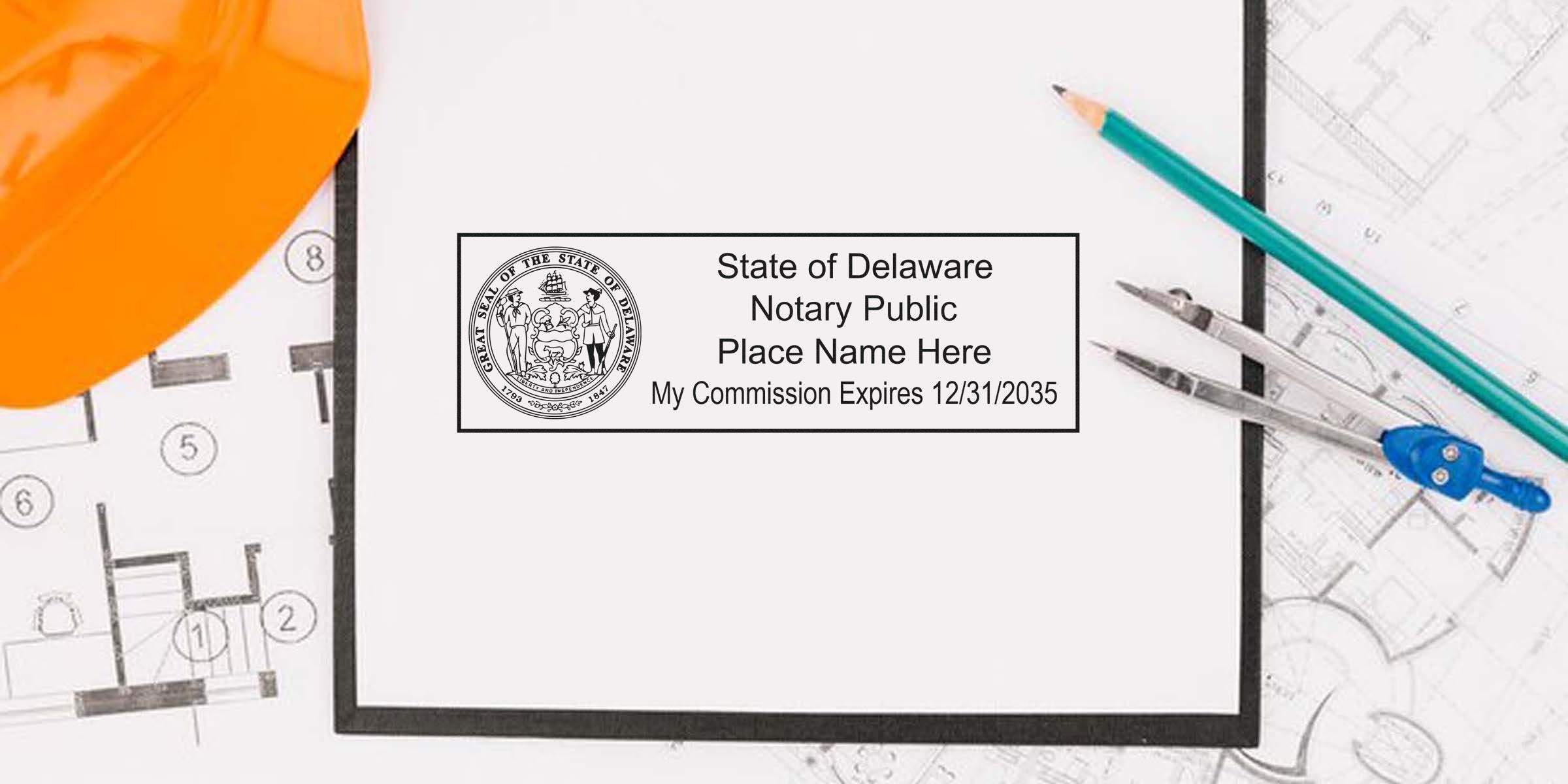 Delaware notary public stamp on architectural blueprint with orange hard hat, pencil, and compass, showing notary seal size and dimensions.