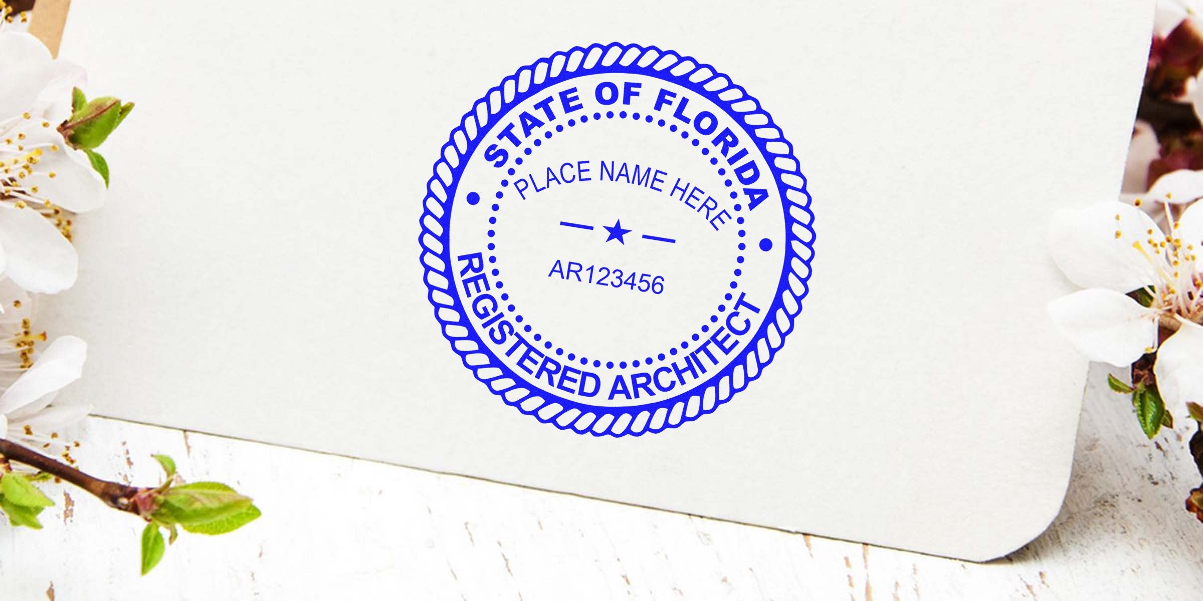 Florida architect stamp on paper with floral design, official state-registered architect seal, certification for architectural drawing approval.