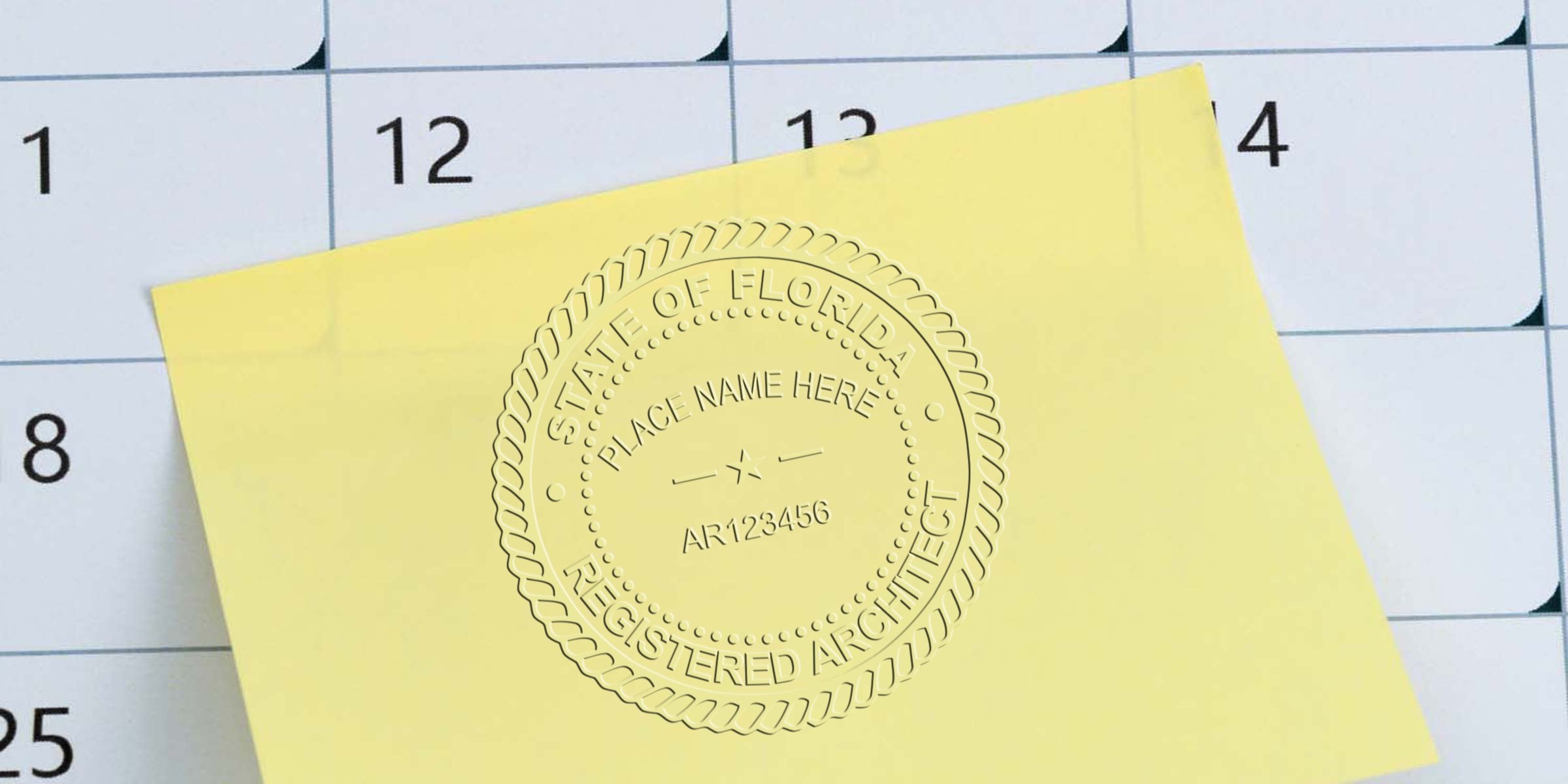 Florida architecture seal on yellow sticky note, showing design standards compliance, placed over a calendar background.