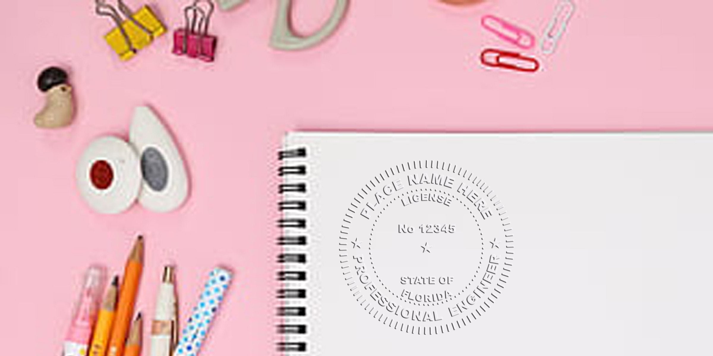 Pink background with pencils, erasers, paper clips, and a spiral notebook, showcasing school supplies and promoting Buy PE Stamp Online for Florida PE Stamp services.