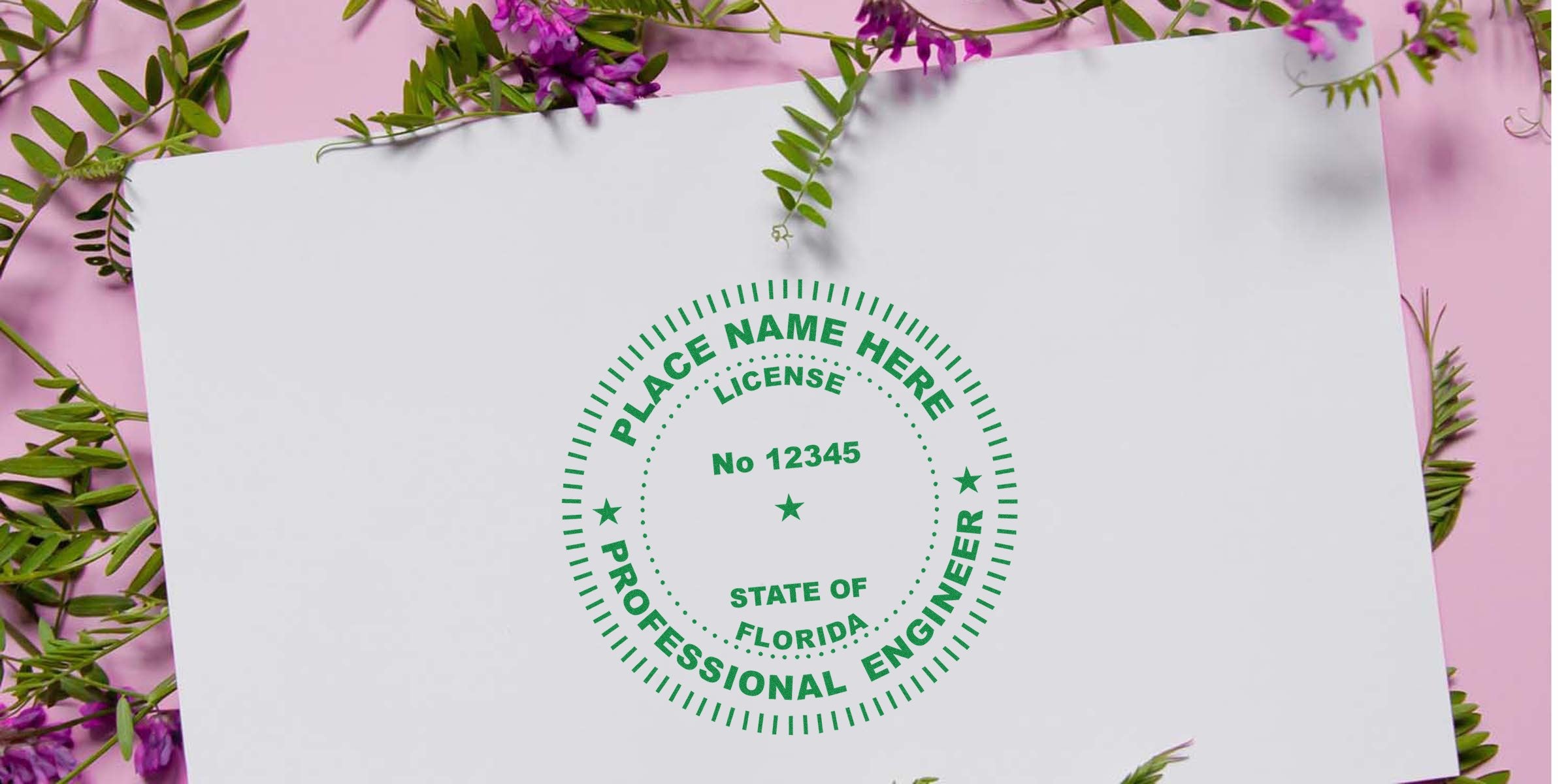 Florida professional engineer license stamp on white paper with floral background, symbolizing an engineer stamp company.