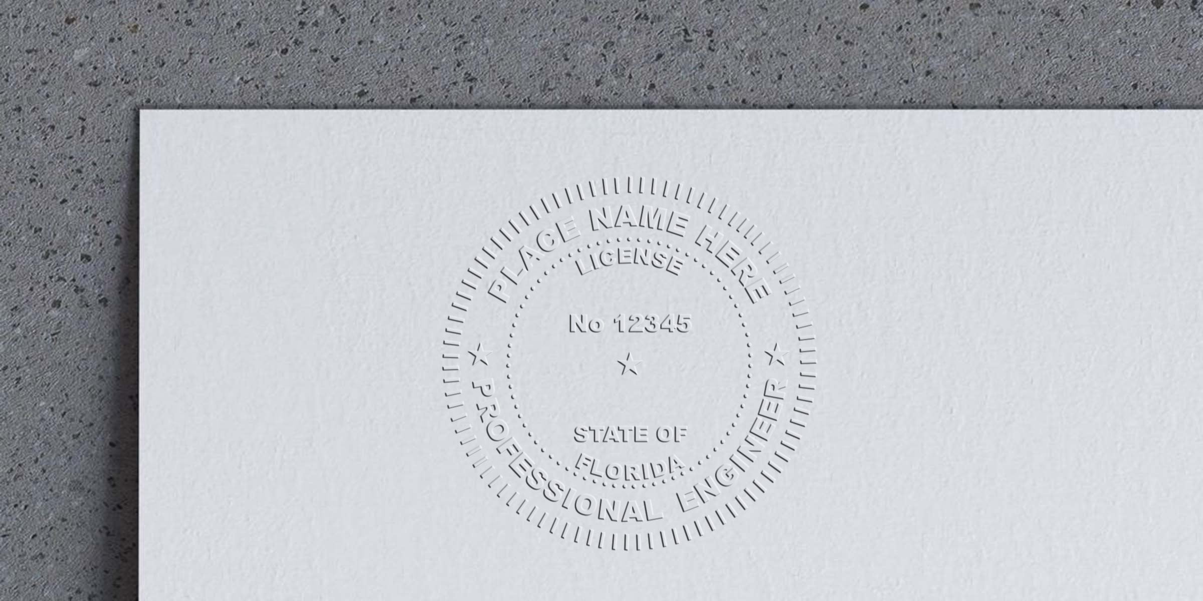 Florida professional engineer license with embossed engineer stamp on white paper, featuring tips for buying engineer stamps.