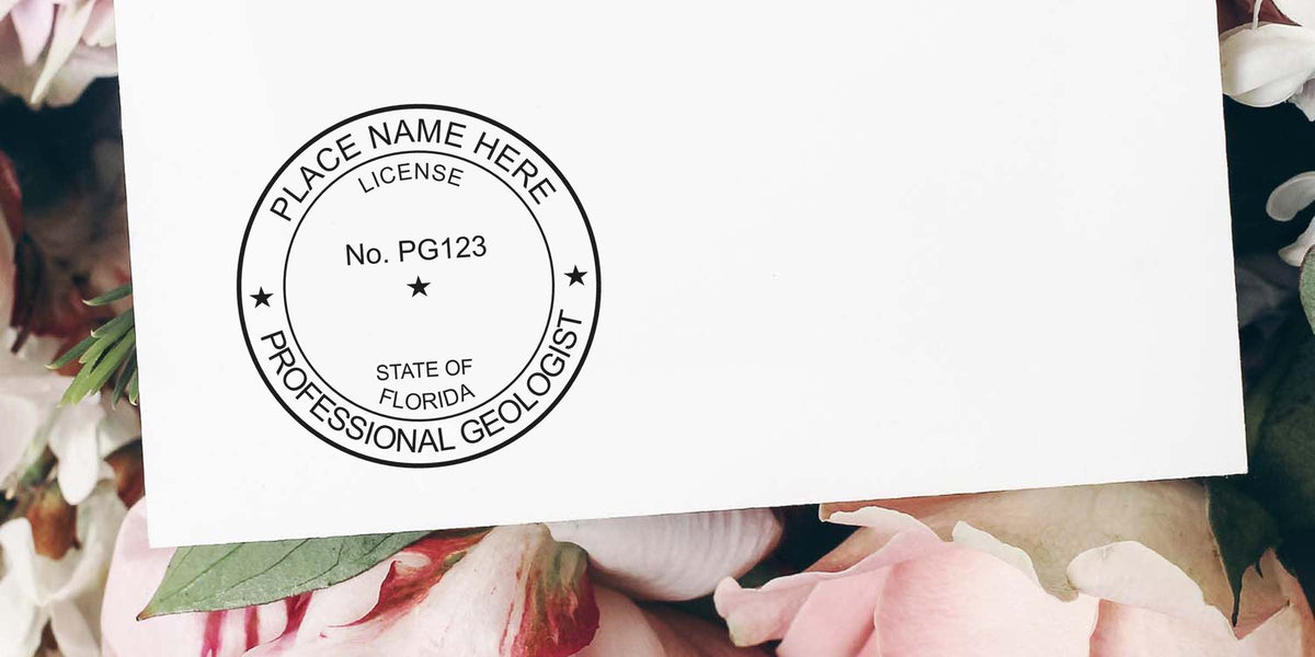 Florida Professional Geologist Seal on white paper with floral background, symbolizing Geologist Certification in Florida.