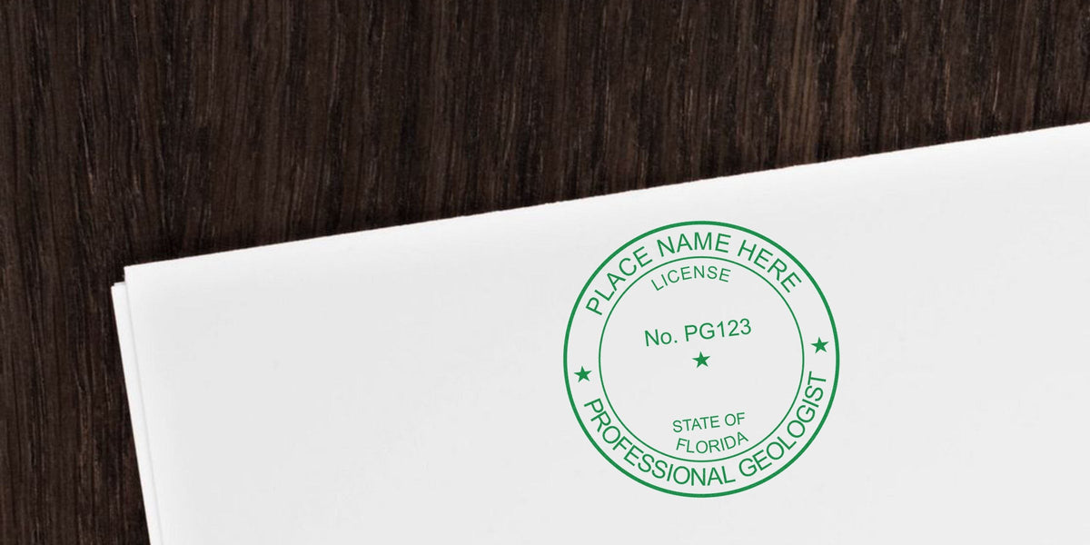 Professional geologist license stamp on white paper for Florida certification, with details on Florida Geologist Stamp cost and pricing.