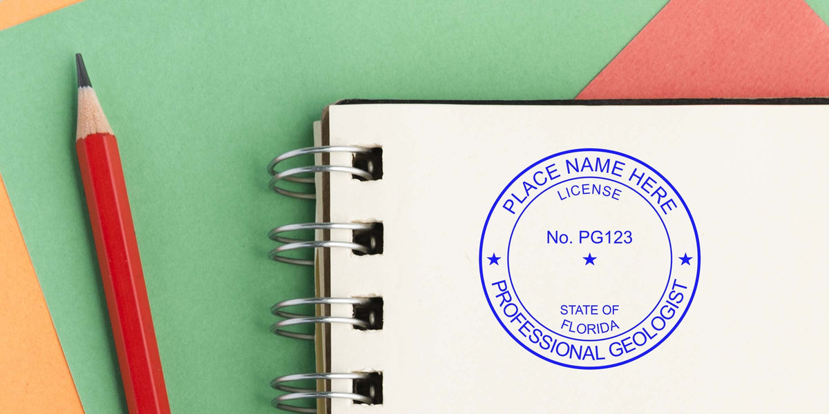 Florida Geologist Stamp on notebook with pencil, displaying Geologist Stamp details on a vibrant background.