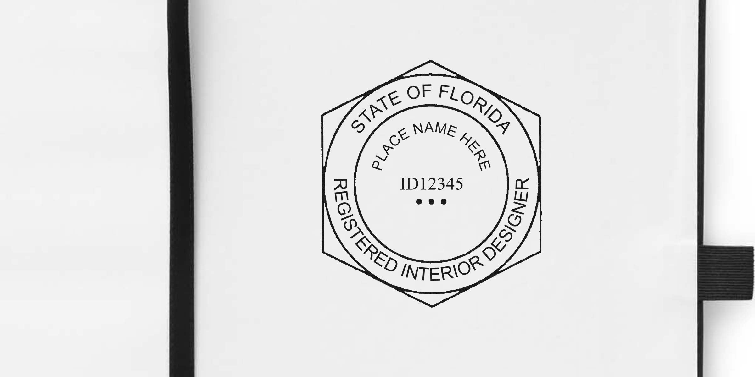 Florida registered interior designer seal on white paper with black border, showing Florida interior design regulations and seal requirements.
