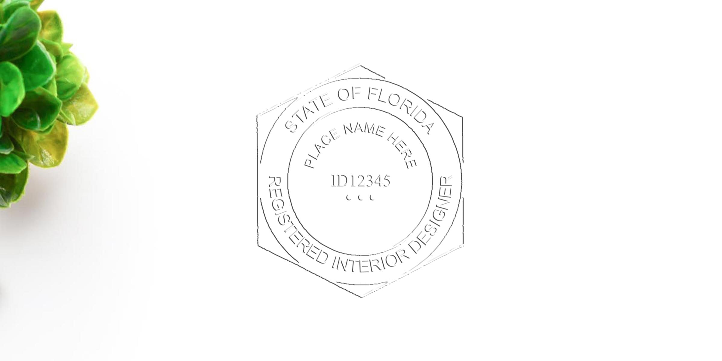 Florida Interior Designer Stamp with Registered Interior Designer Seal and green succulent on white background, related to Florida Interior Designer Application.