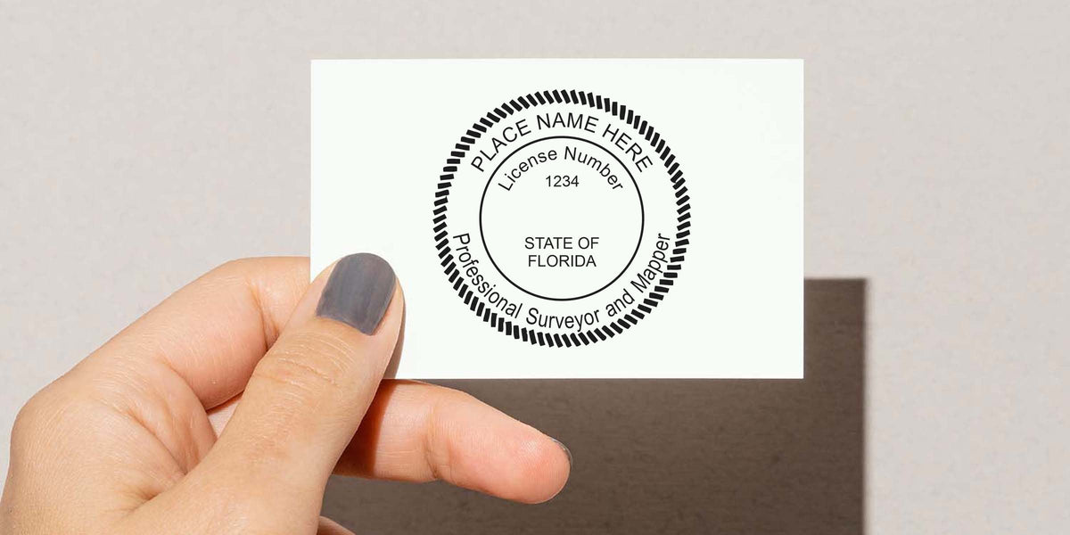 Hand holding a Florida land surveyor license seal (#1234), highlighting the cost of land surveying and the price of the surveyor’s stamp.
