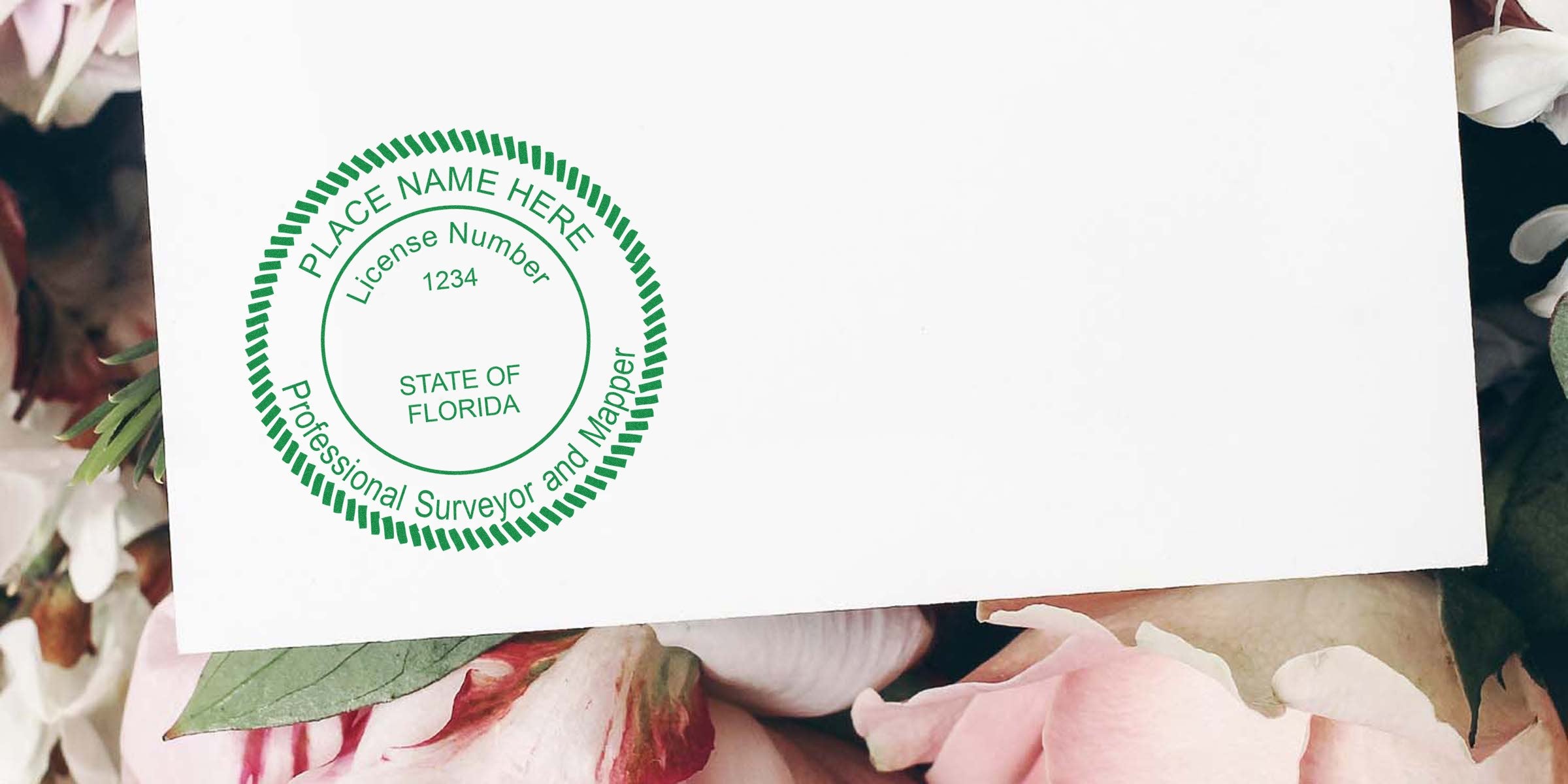 Professional surveyor license stamp on white paper with pink flowers, showing Florida land surveyor seal per Florida land surveyor seal laws.