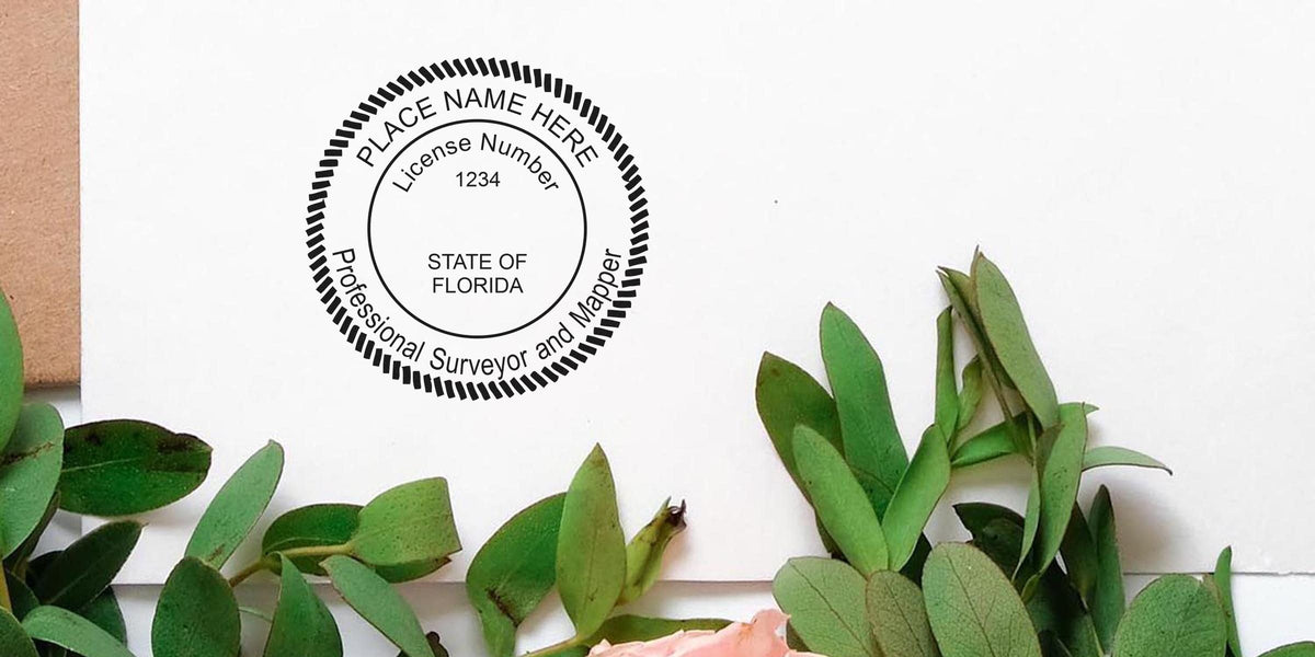 Professional Florida land surveyor license seal on white paper, adorned with green leaves and a pink flower, showing seal embosser tips.
