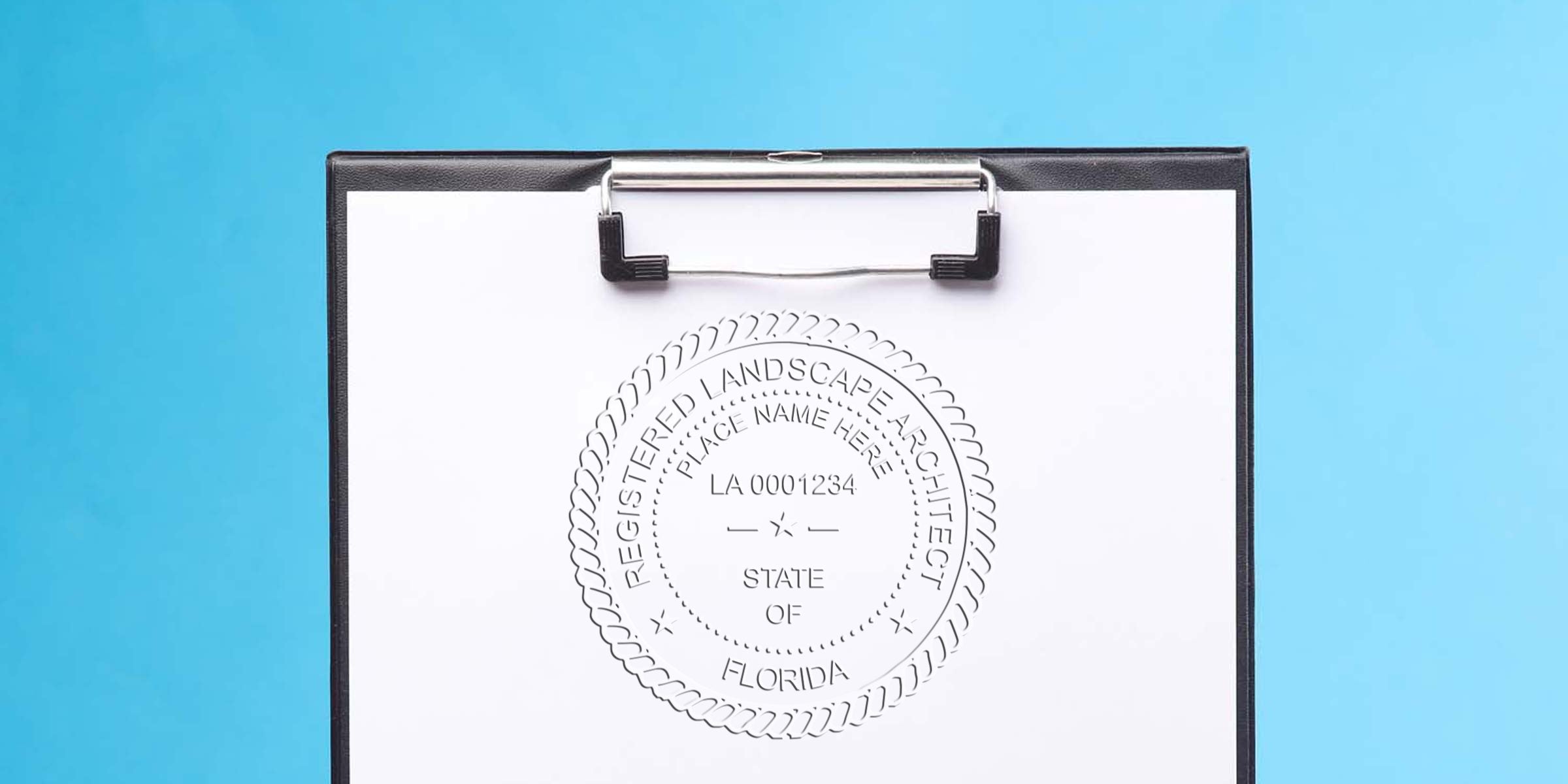Registered landscape architect seal on clipboard, confirming Florida license meets state stamp regulations.