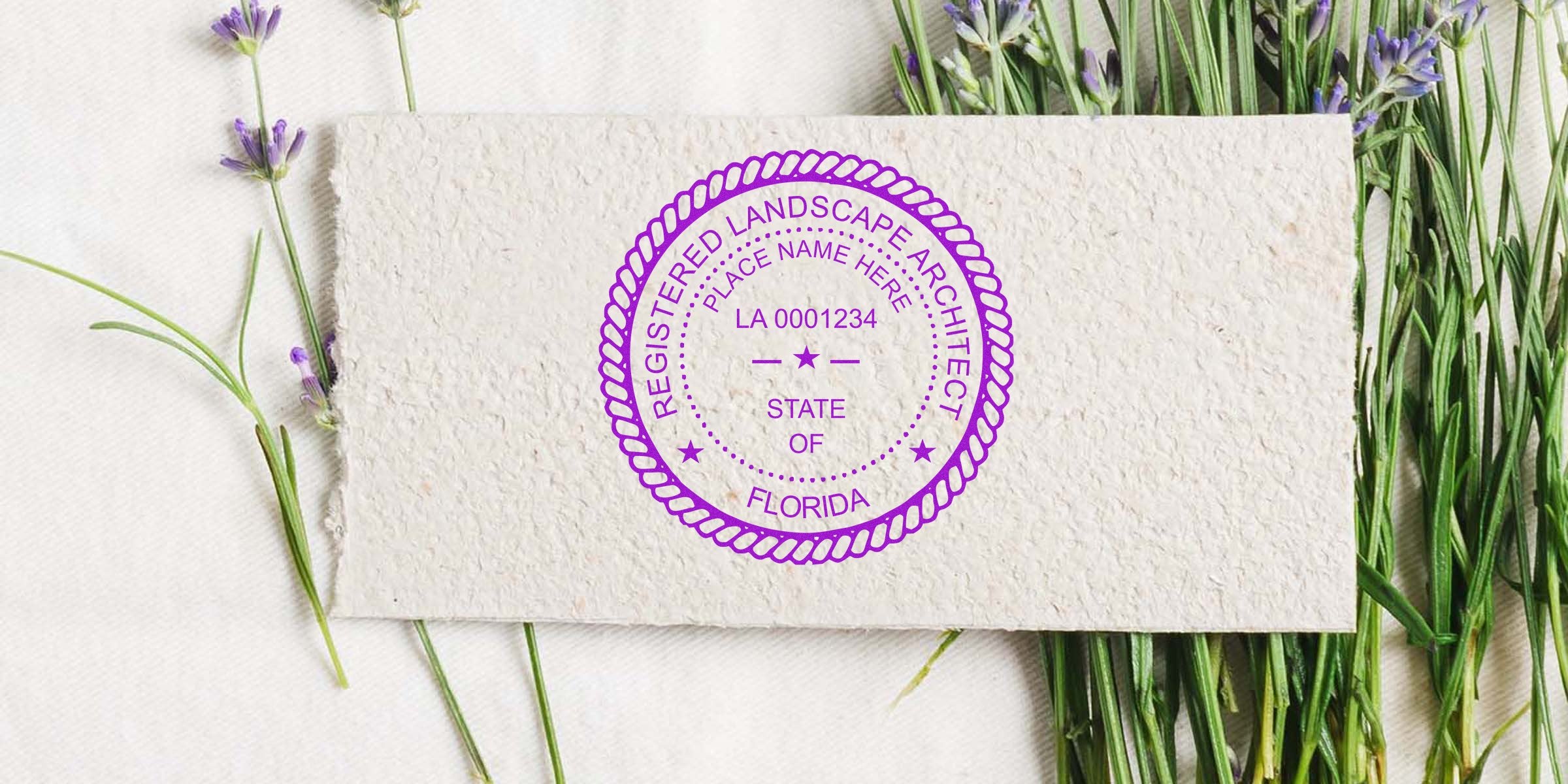 Florida landscape architect seal on textured paper with lavender and rosemary, highlighting seal specifications.