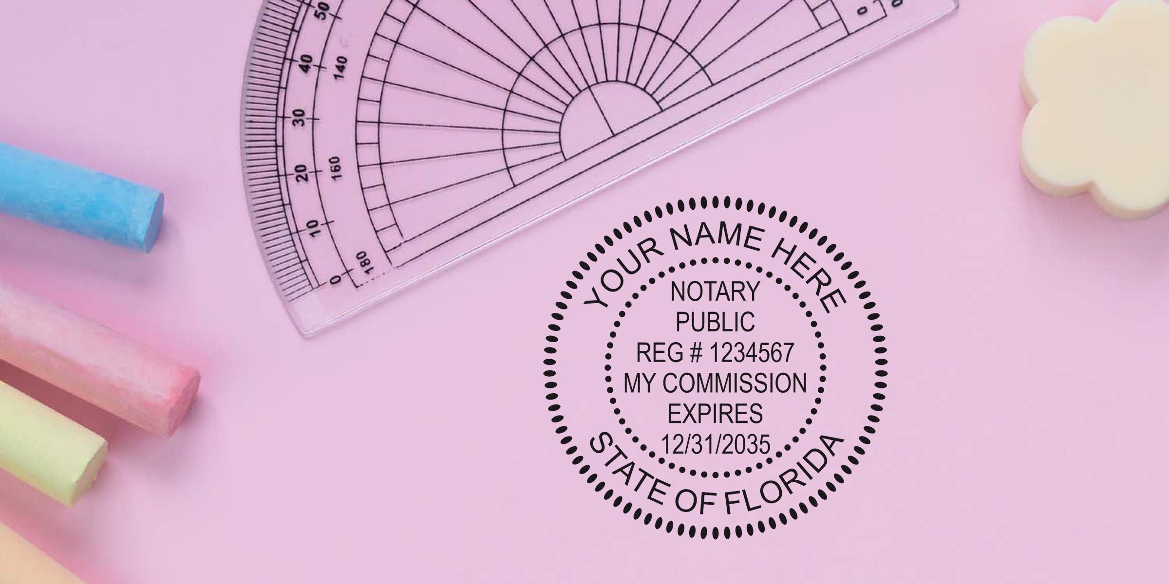 Custom Florida notary seal stamp with commission expiration on pink background, surrounded by colorful chalk and a protractor, highlighting top notary stamp options in Florida.