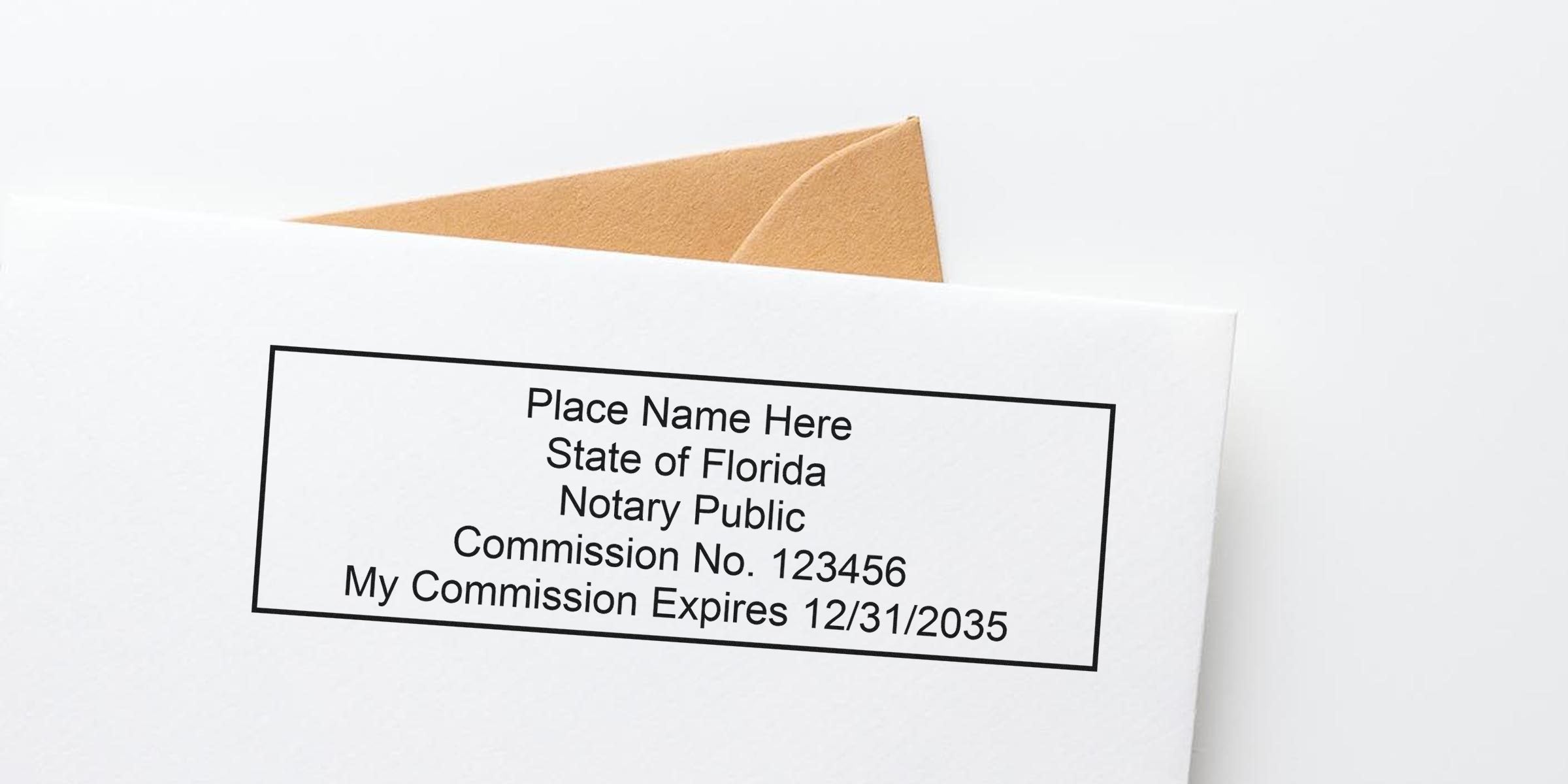 Florida notary seal stamped on white envelope with commission number and expiration date, highlighting a simple, hassle-free notary seal.