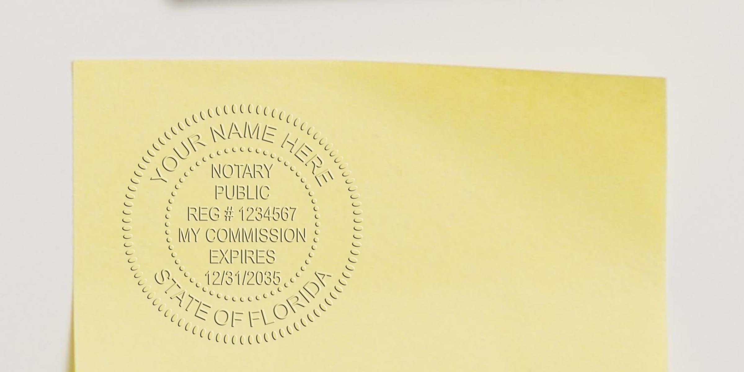 Embossed notary public seal on yellow paper for Florida commission verification, featuring FL notary supplies and top notary tools in Florida.