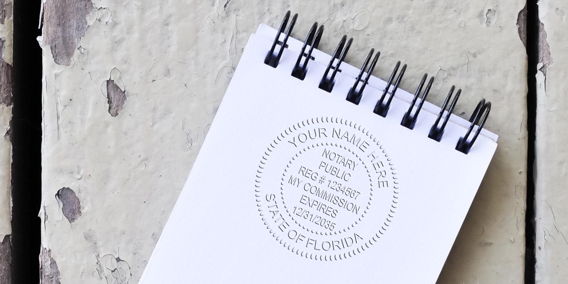 Florida notary supplies with a quality notary public stamp on a spiral notebook showing commission expiration details.