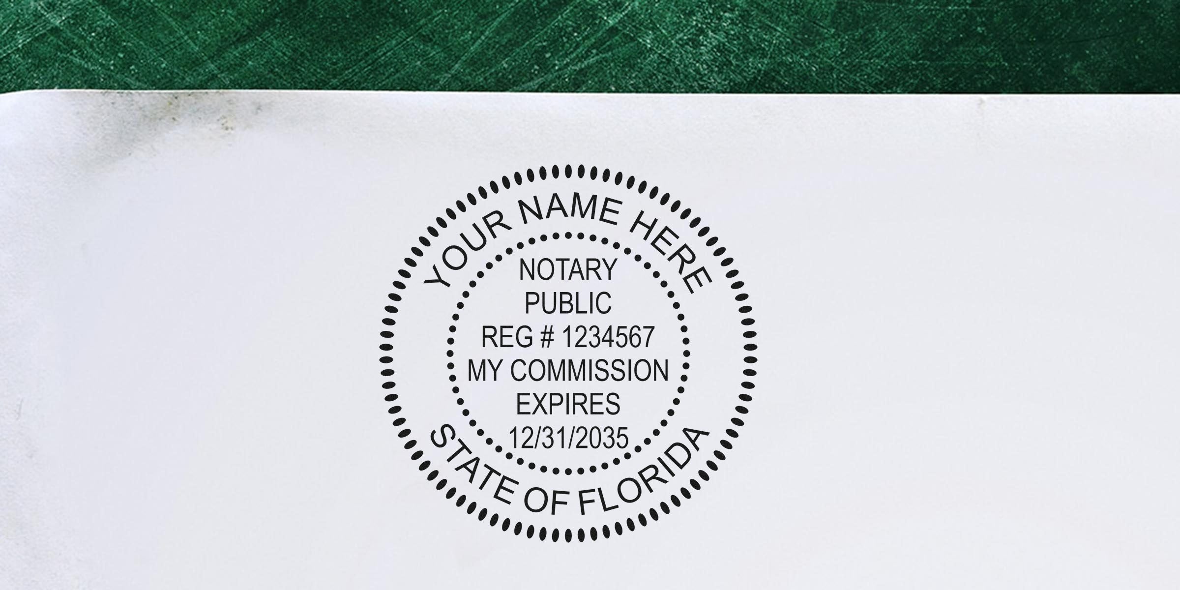 Florida notary stamp on white paper with commission expiration date, perfect for buyers of notary supplies.