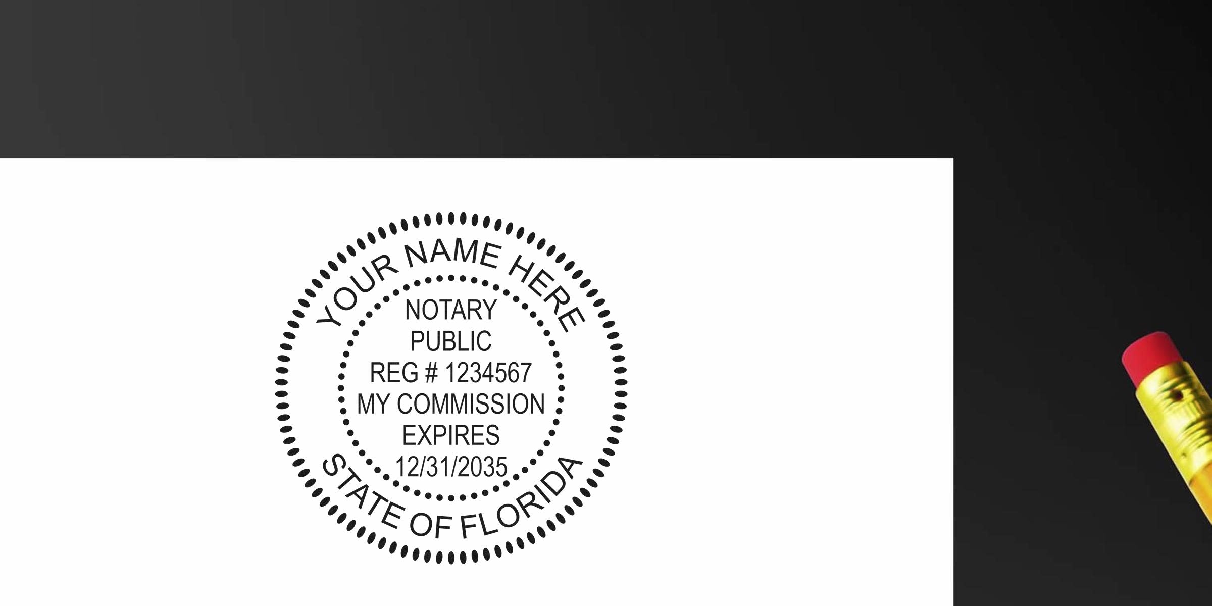Florida notary seal stamp with commission expiration and registration number on white paper next to yellow pencil with red eraser. Buy notary seals online.
