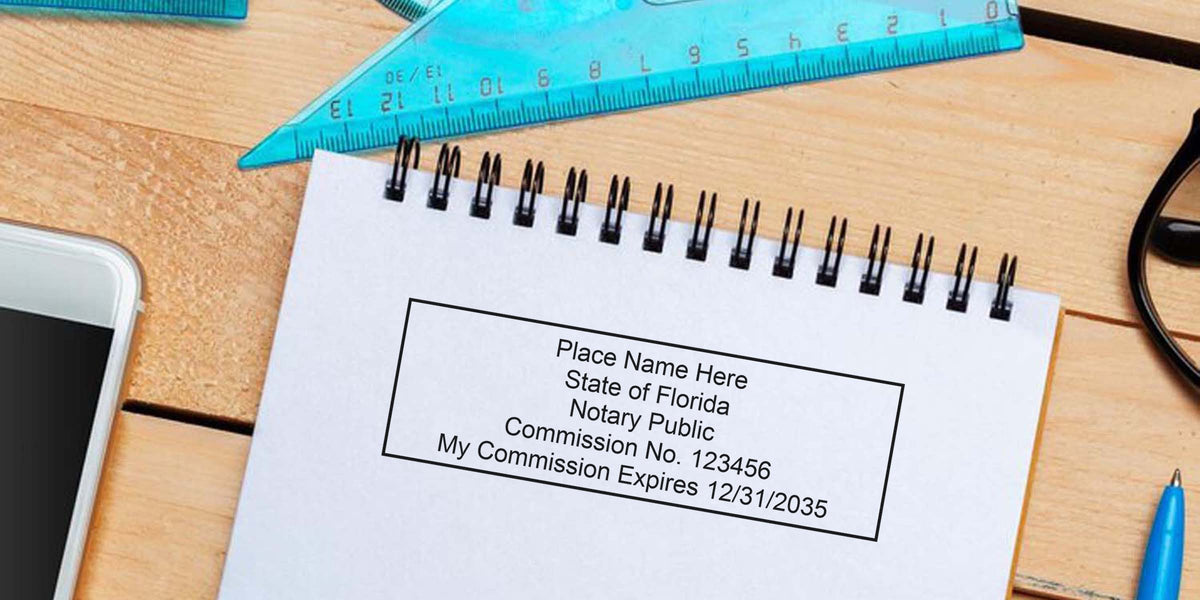 Florida notary stamp on notebook showing commission number and expiration date, highlighting the benefits of the notary seal for Florida notary services.