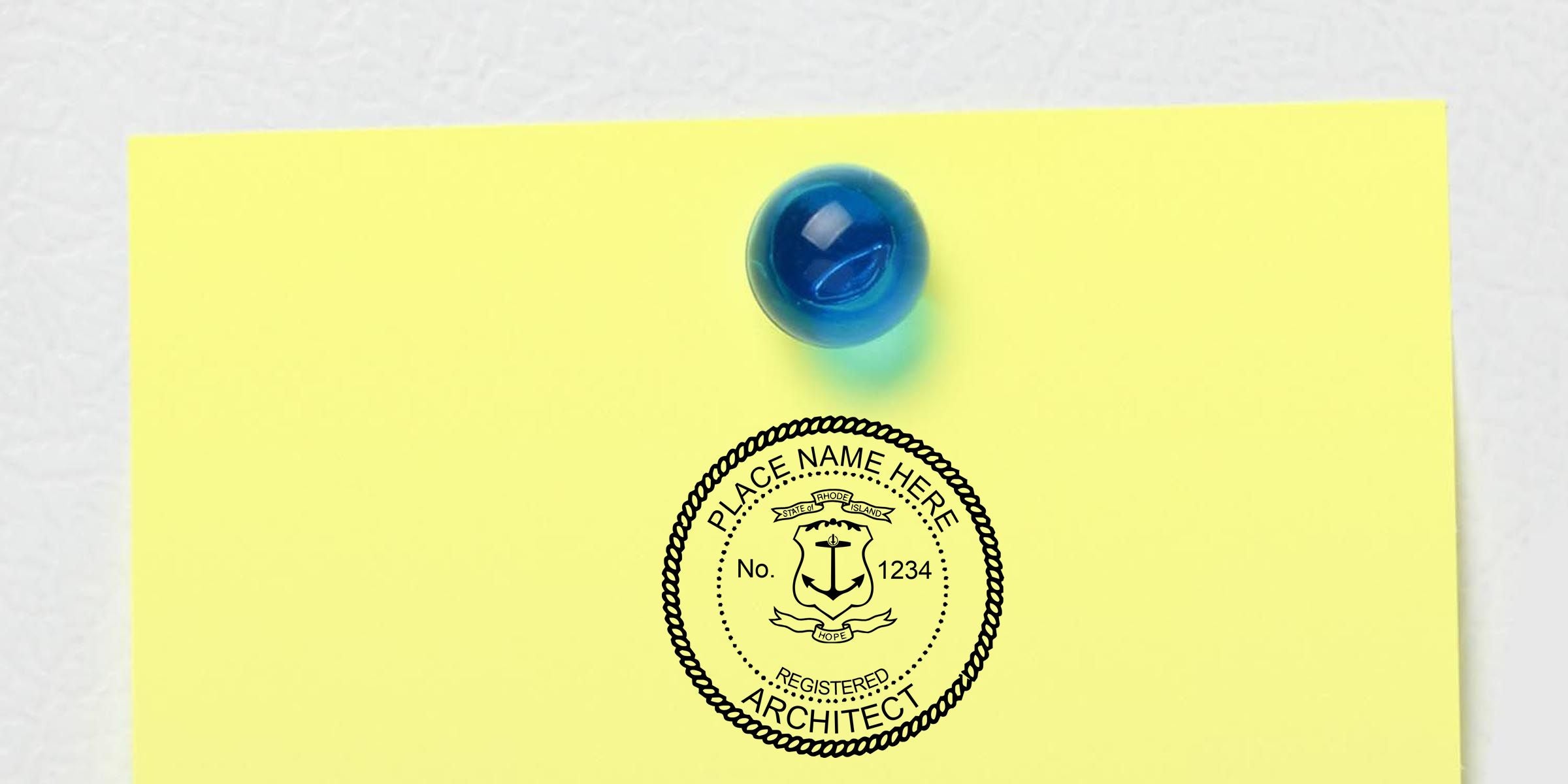 Yellow sticky note pinned with a blue pushpin, featuring a registered architect seal stamp on a white background