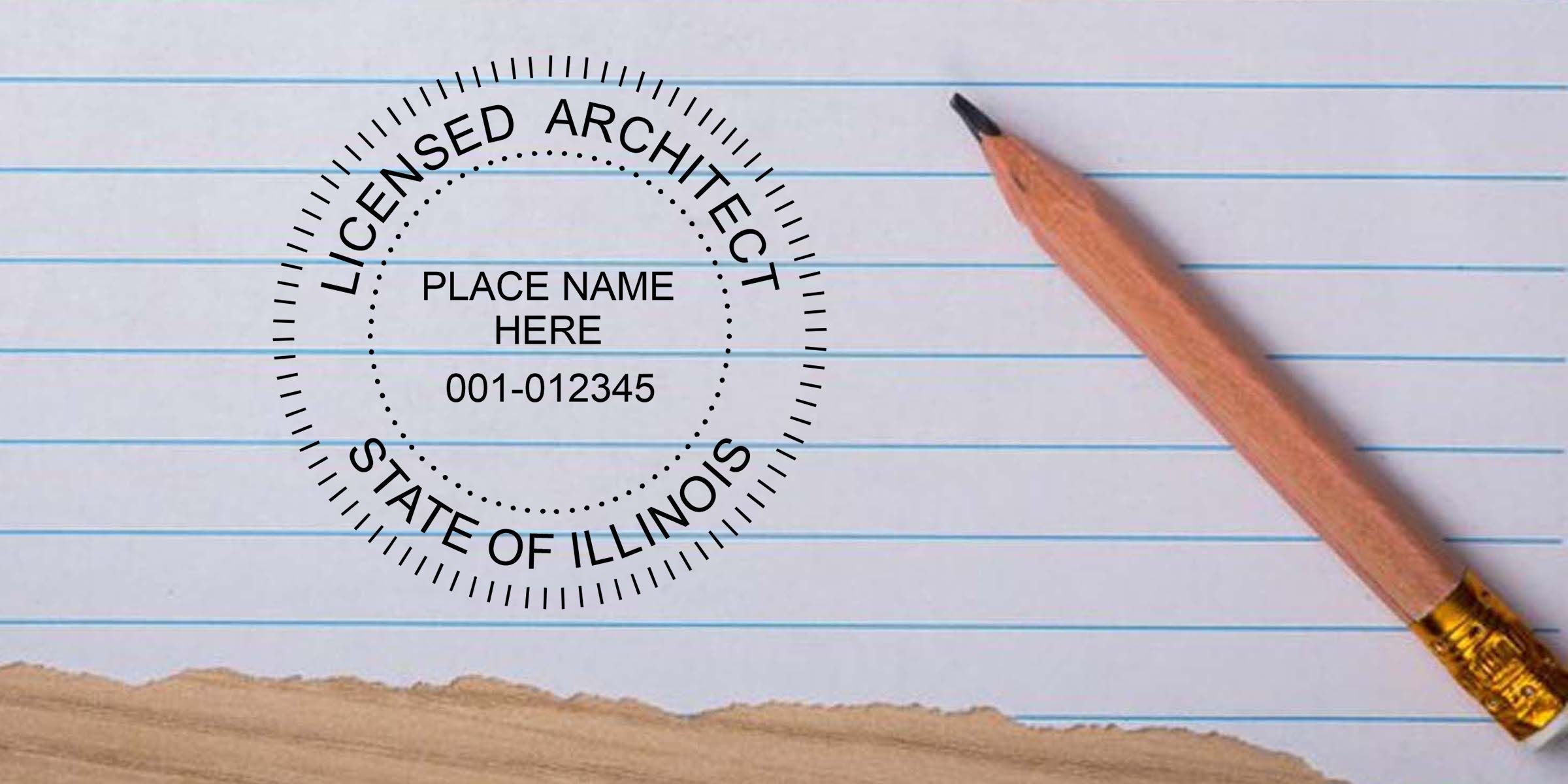 Licensed architect stamp on lined paper with pencil, showing State of Illinois seal and place name placeholder with license number 001-012345