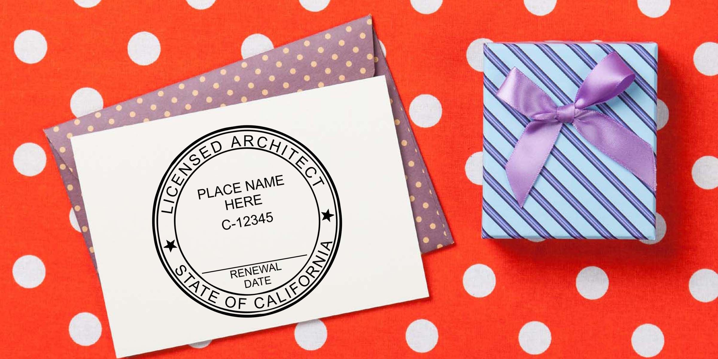 California licensed architect seal on white card beside a lavender striped gift box with purple ribbon on a red polka dot background